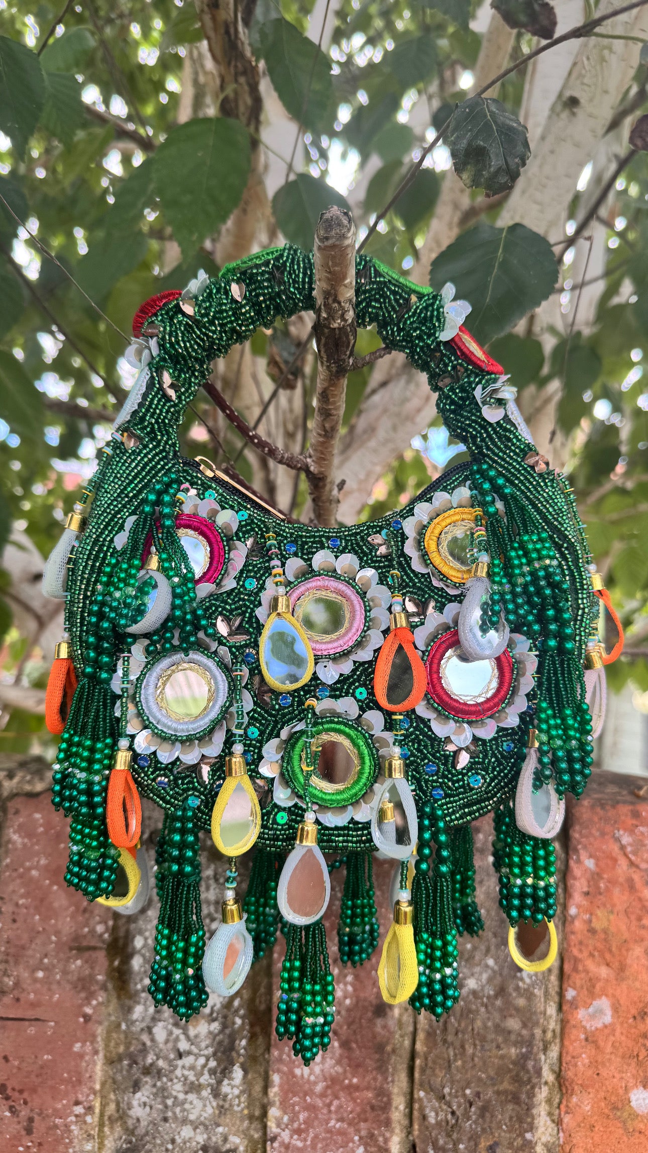 Handmade Bohemian Multi Color Beads Embellished Mirror Moon Bag