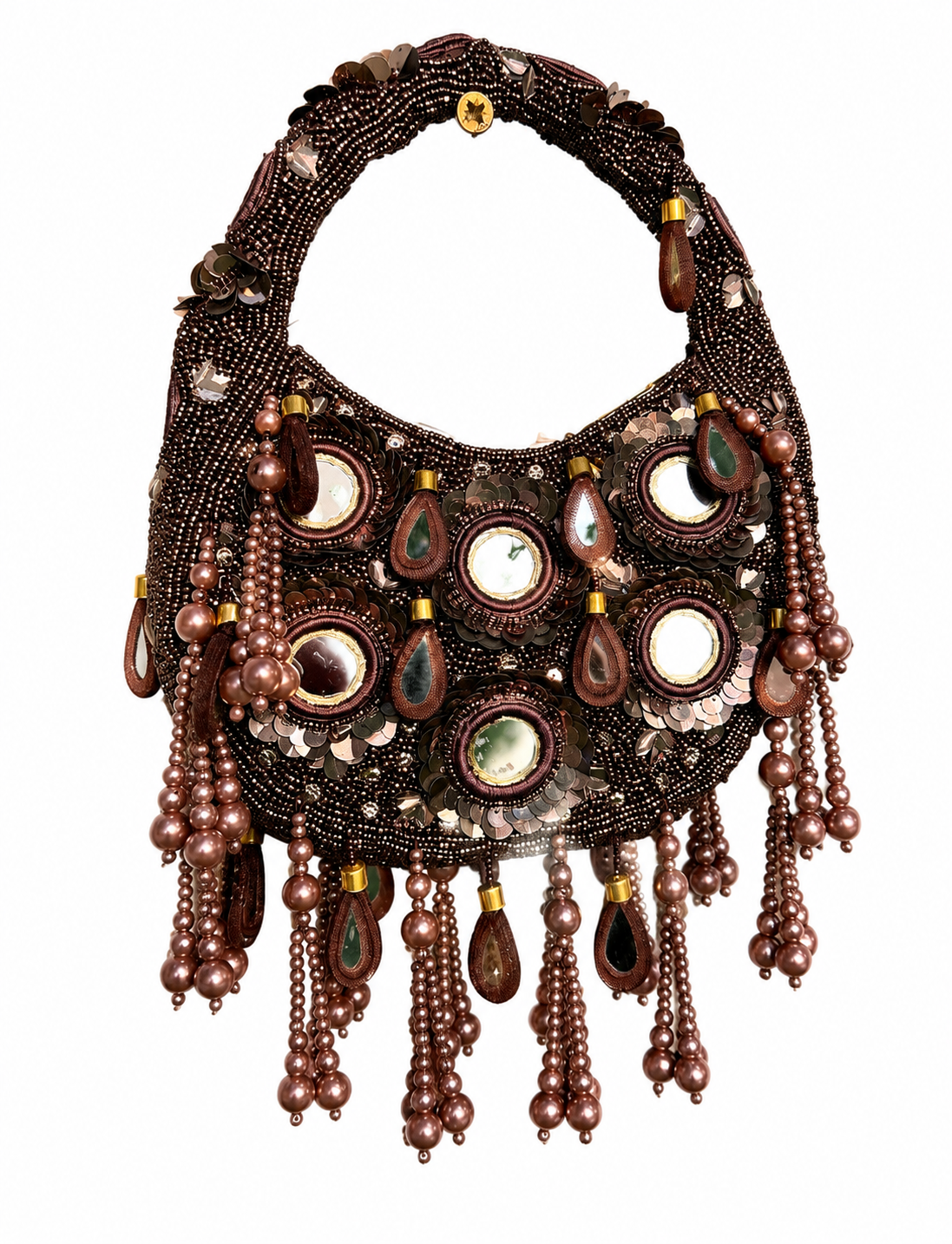 Espresso Brown Pearl Embellished Mirror Moon Bag