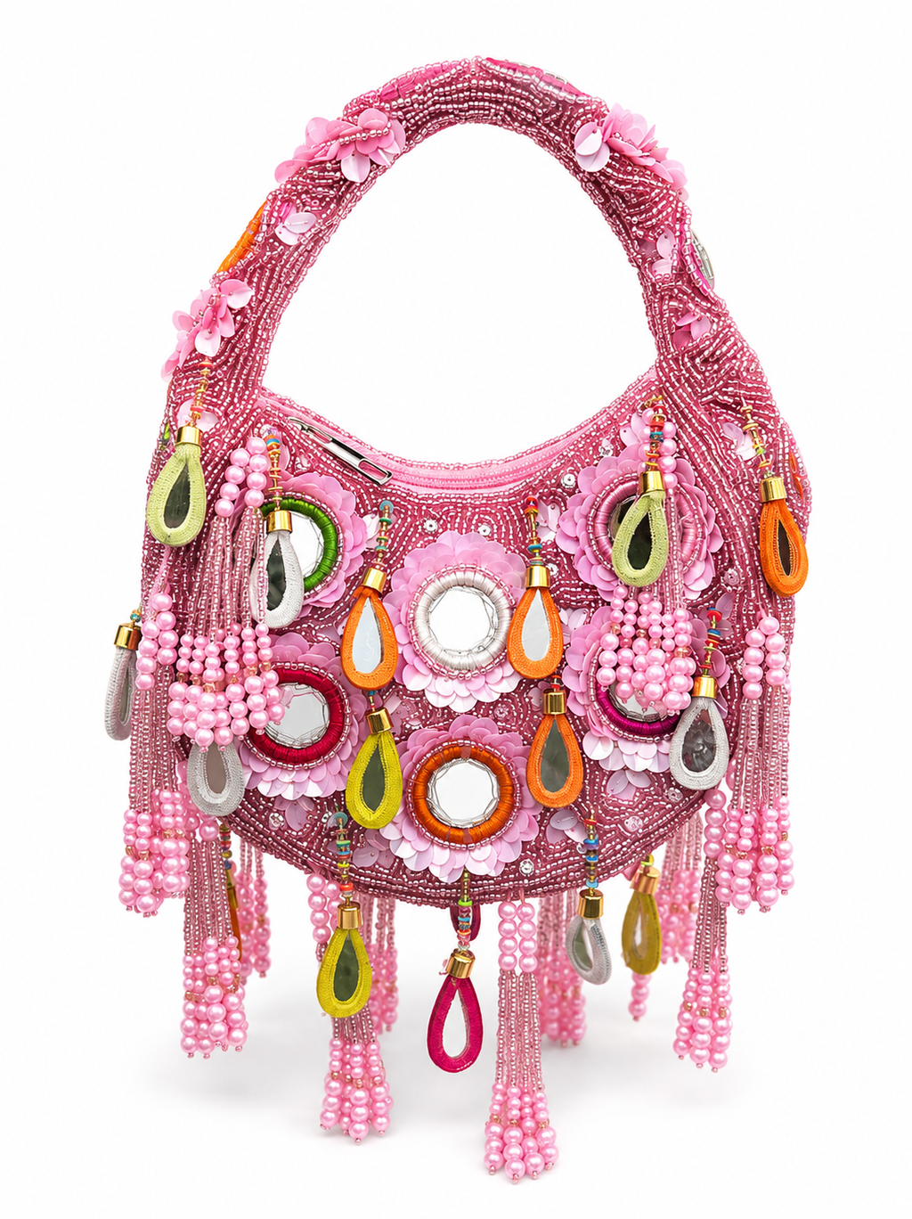 Handmade Bohemian Multi Color Beads Embellished Mirror Moon Bag
