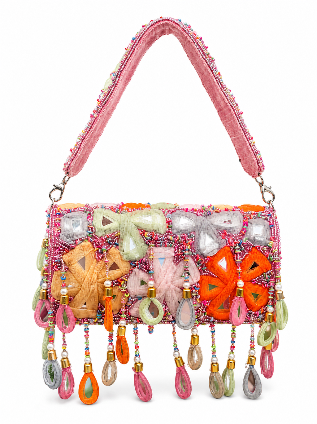 Bohemian Luxe Flap Bag: Pink Multicolor Mirror Tassels