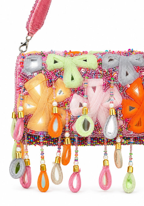 Bohemian Luxe Flap Bag: Pink Multicolor Mirror Tassels