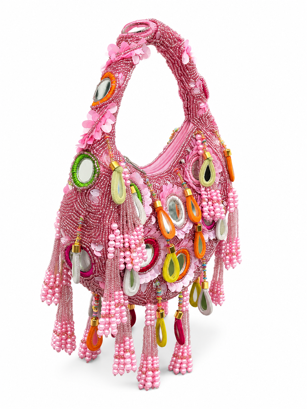 Handmade Bohemian Multi Color Beads Embellished Mirror Moon Bag