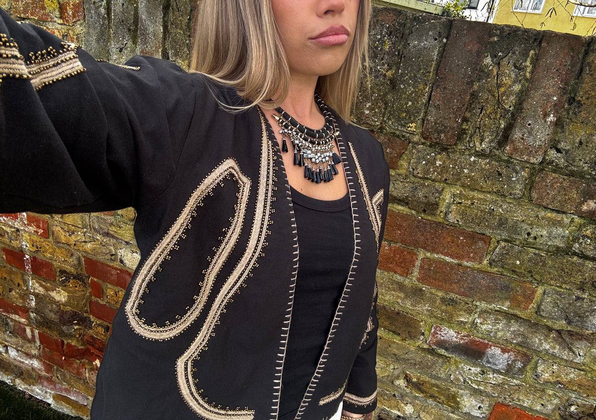 Organic Cotton Embroidered Jacket – Open Front White Cropped Style, Hand-Stitched Beaded Trim