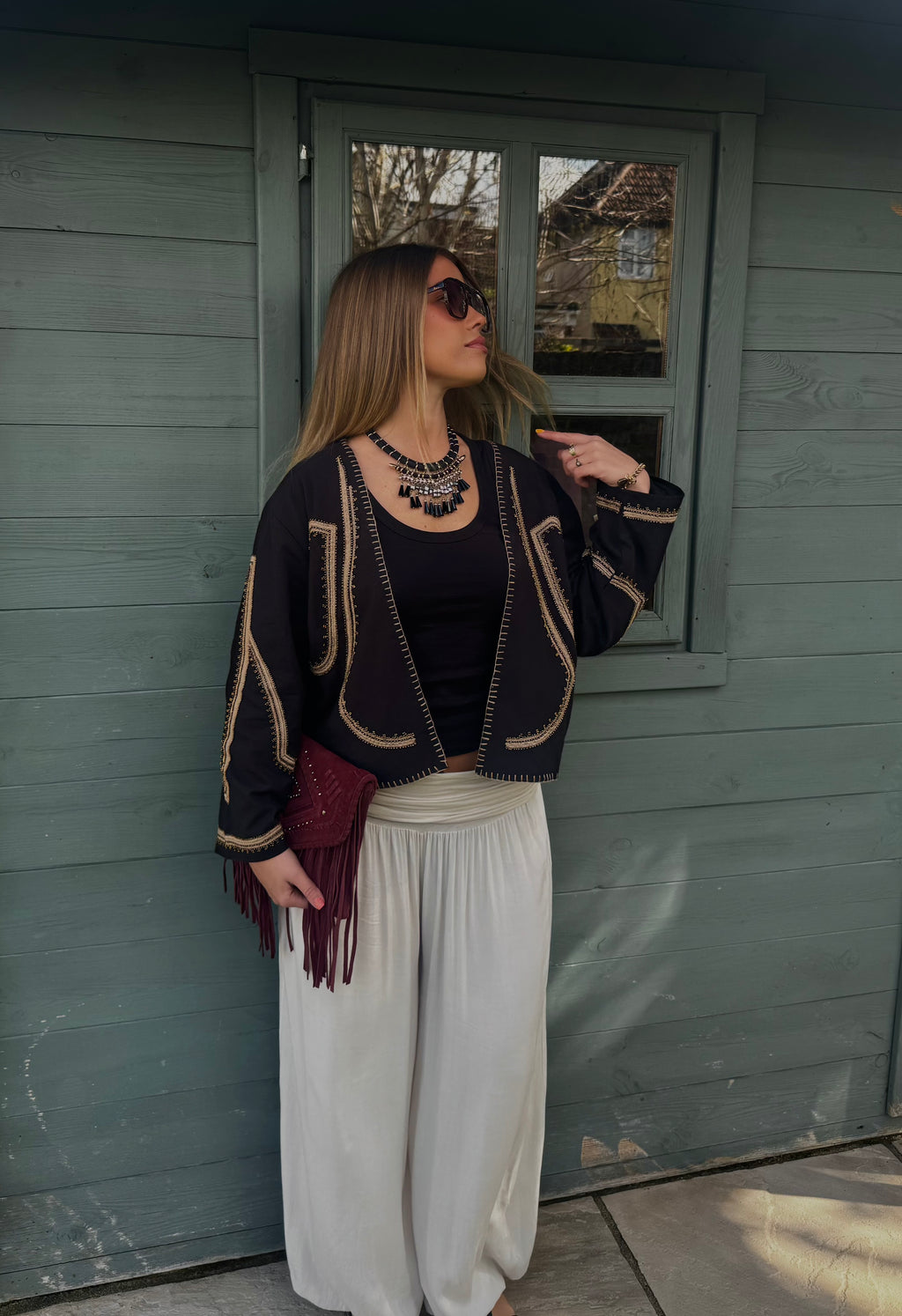 Organic Cotton Embroidered Jacket – Open Front White Cropped Style, Hand-Stitched Beaded Trim