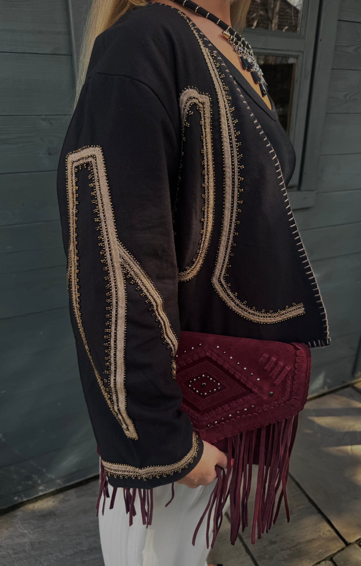 Organic Cotton Embroidered Jacket – Open Front White Cropped Style, Hand-Stitched Beaded Trim