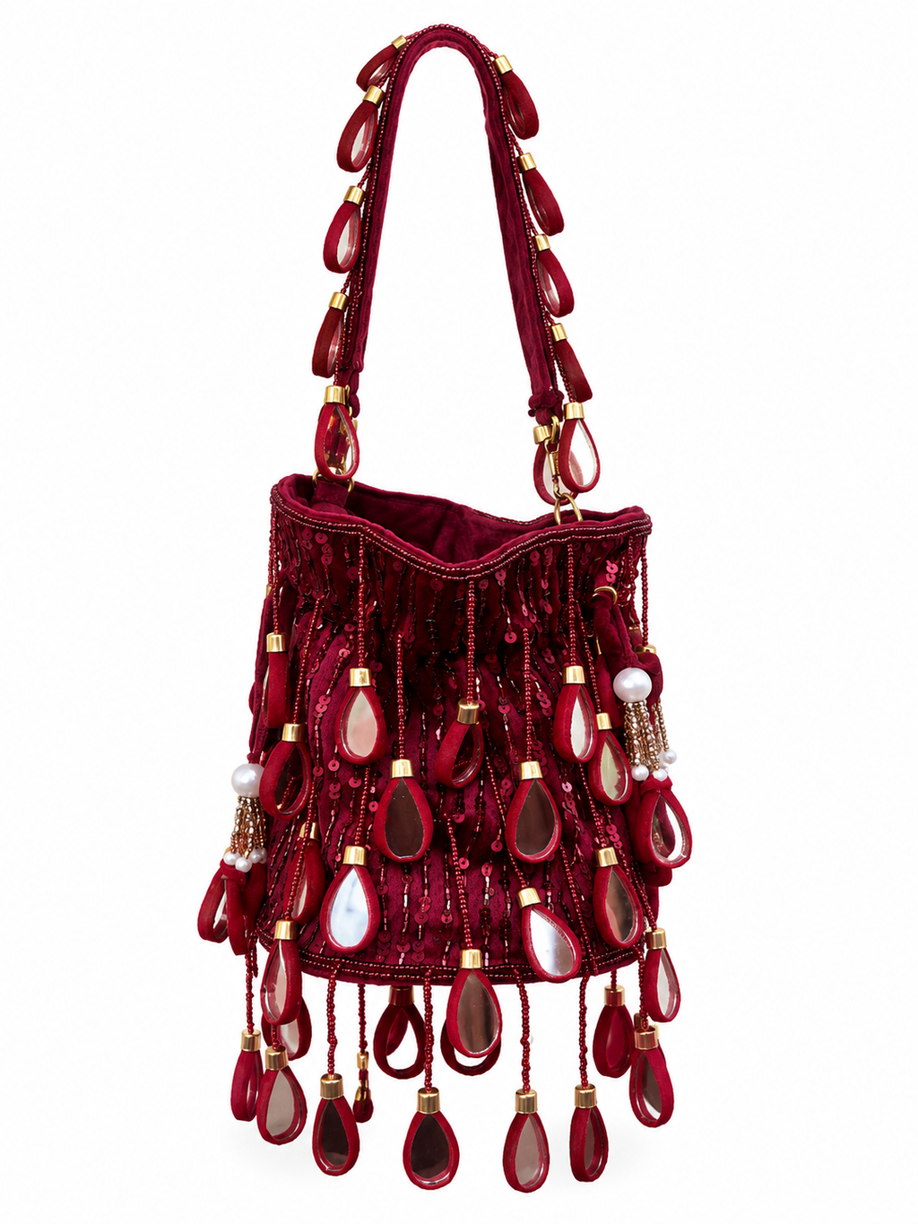 Maroon Mirror Tassel Bucket Bag