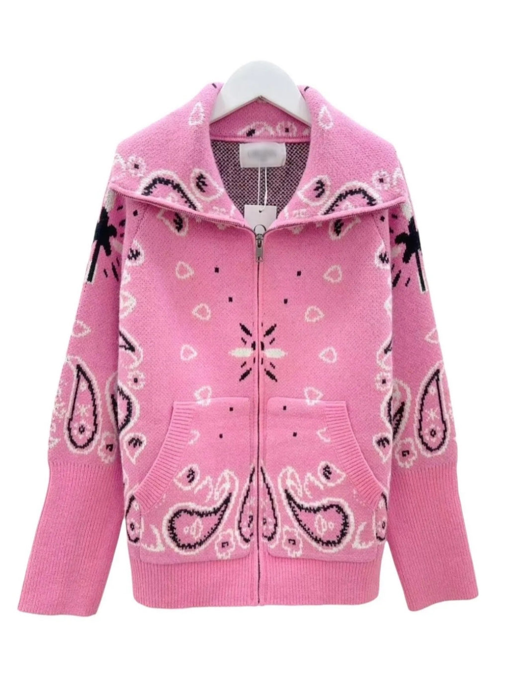 Pink Bandana Knit Zip-Up Cardigan for Women- Soft Cozy Sweater