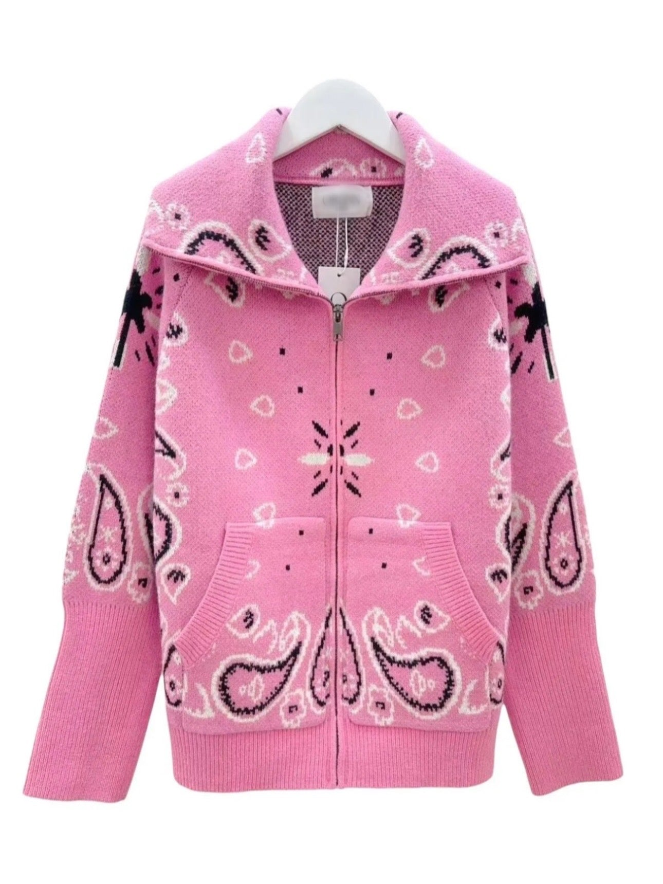 Pink Bandana Knit Zip-Up Cardigan for Women- Soft Cozy Sweater