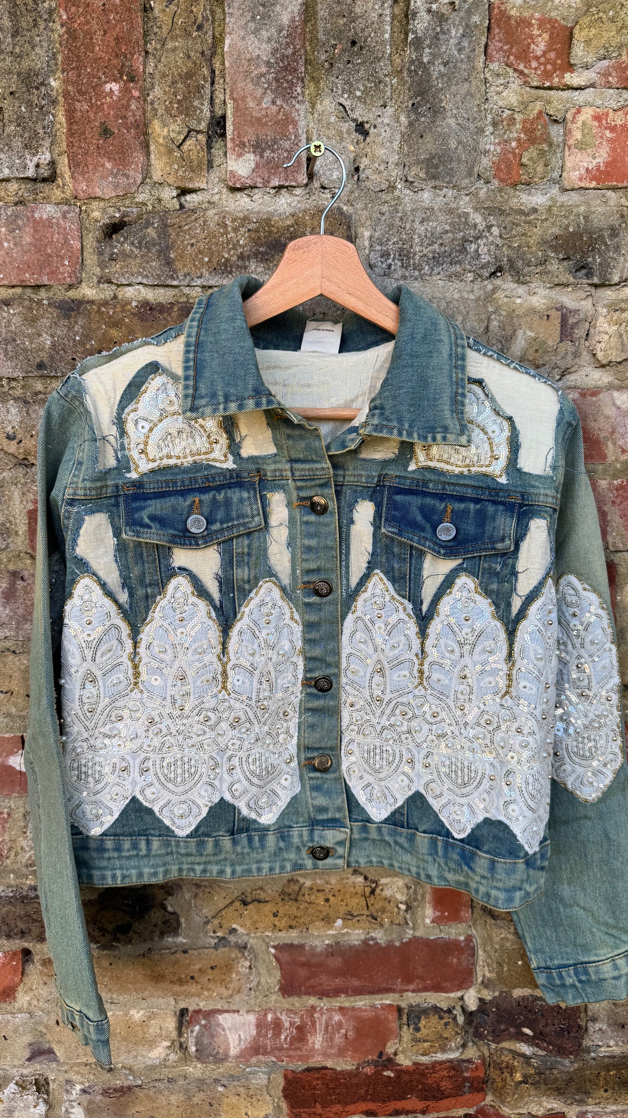 Boho Sequin Embellished button up Distressed Denim Jacket
