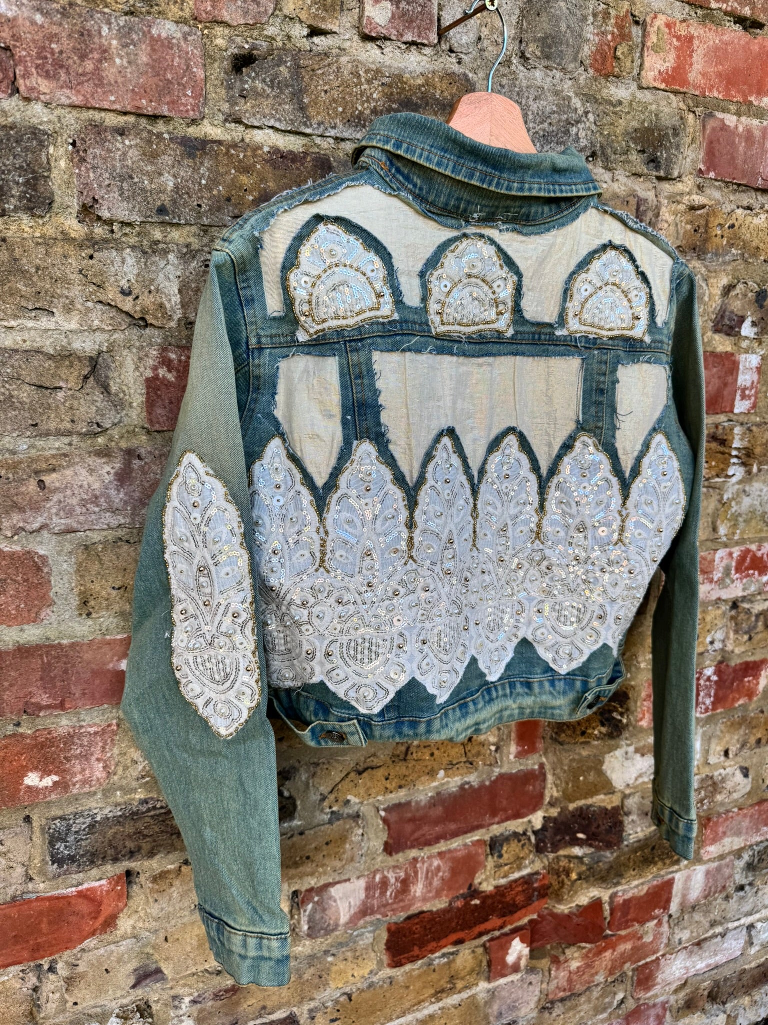 Boho Sequin Embellished button up Distressed Denim Jacket