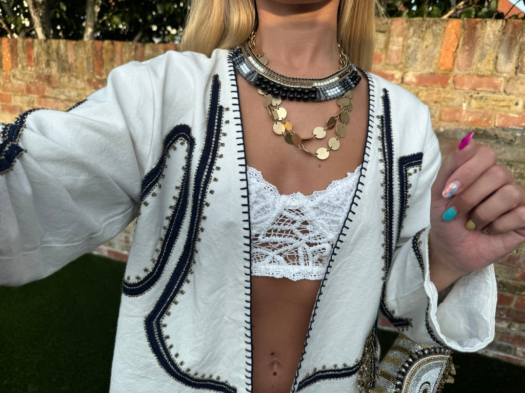 Organic Cotton Embroidered Jacket – Open Front White Cropped Style, Hand-Stitched Beaded Trim
