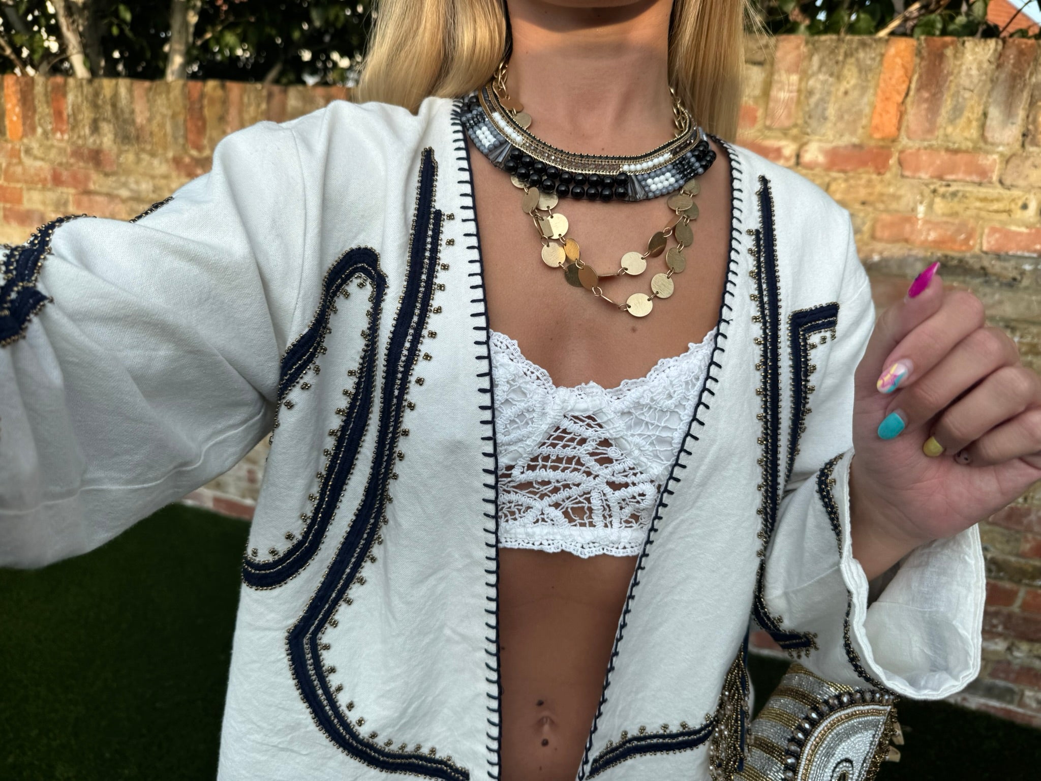 Organic Cotton Embroidered Jacket – Open Front White Cropped Style, Hand-Stitched Beaded Trim