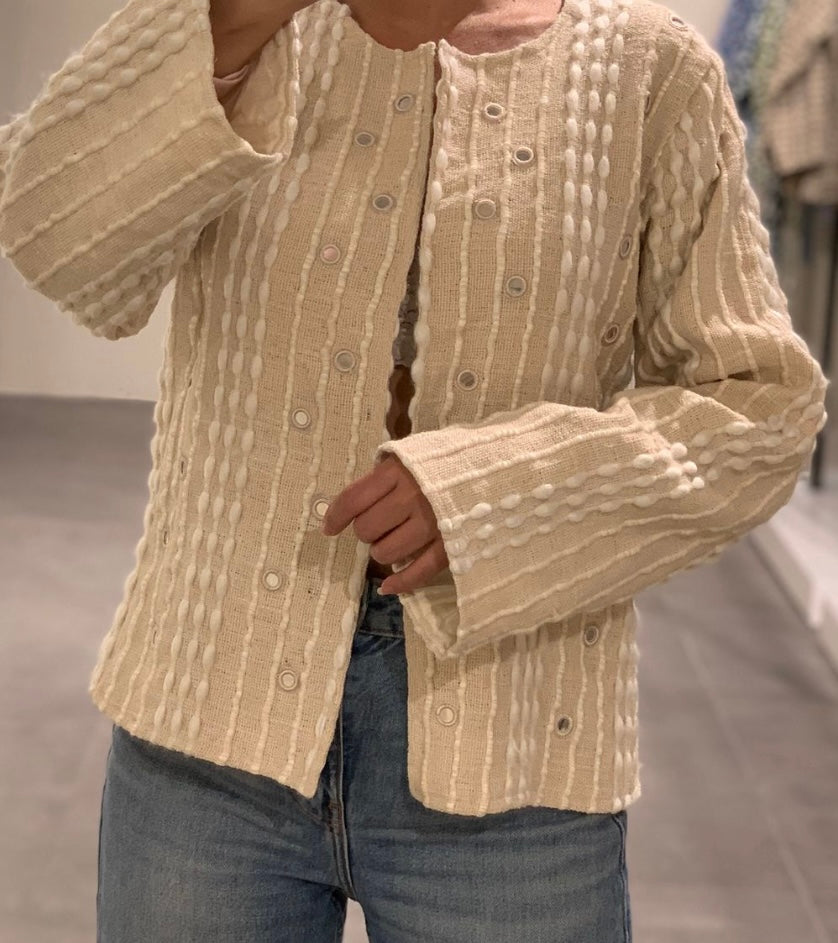 Cream Textured Knit Jacket with Grommet Details – Open Front Cotton Blend