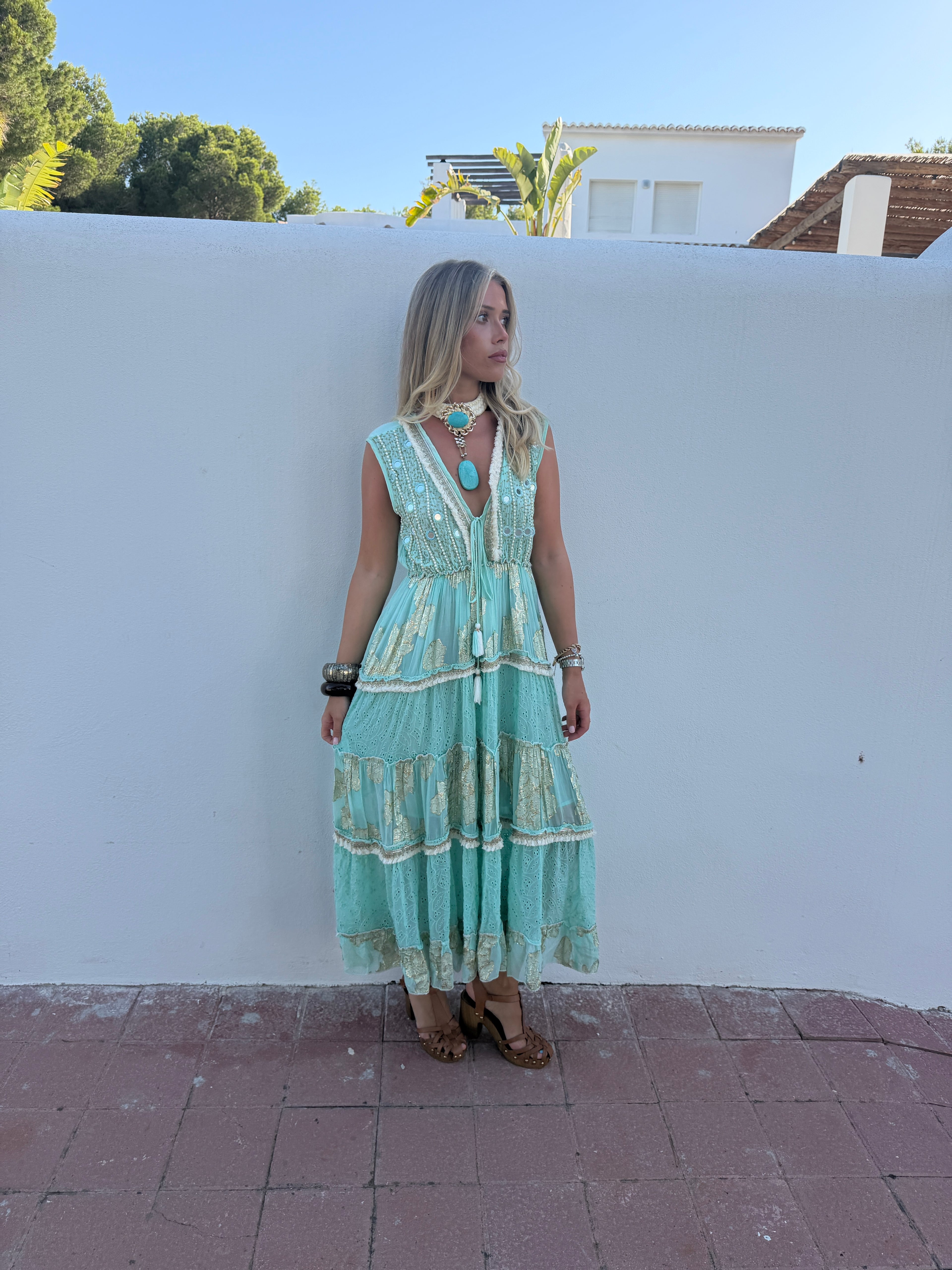 Sienna Dress - Turquoise Embellished Boho Maxi Dress