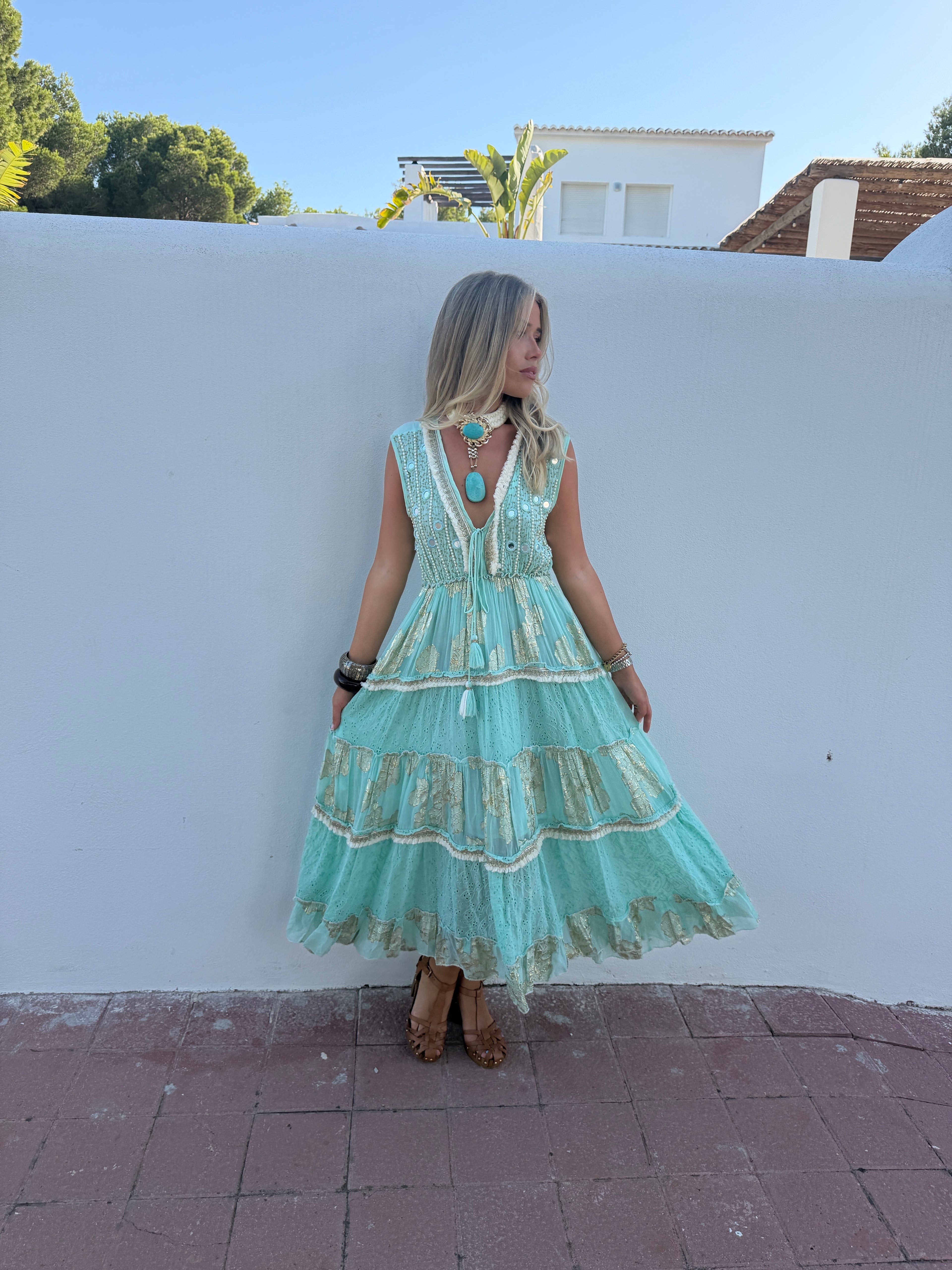 Sienna Dress - Turquoise Embellished Boho Maxi Dress