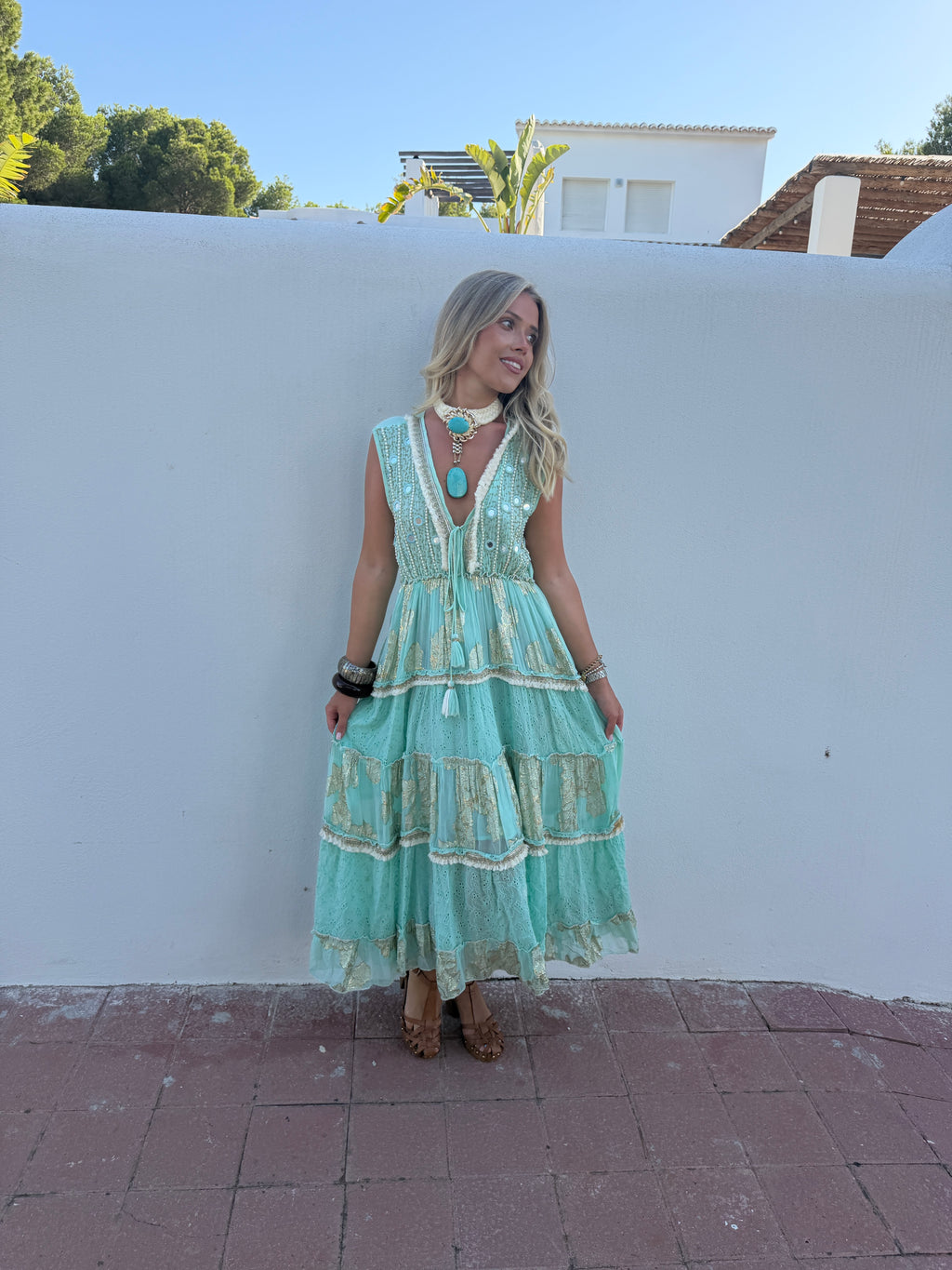 Sienna Dress - Turquoise Embellished Boho Maxi Dress