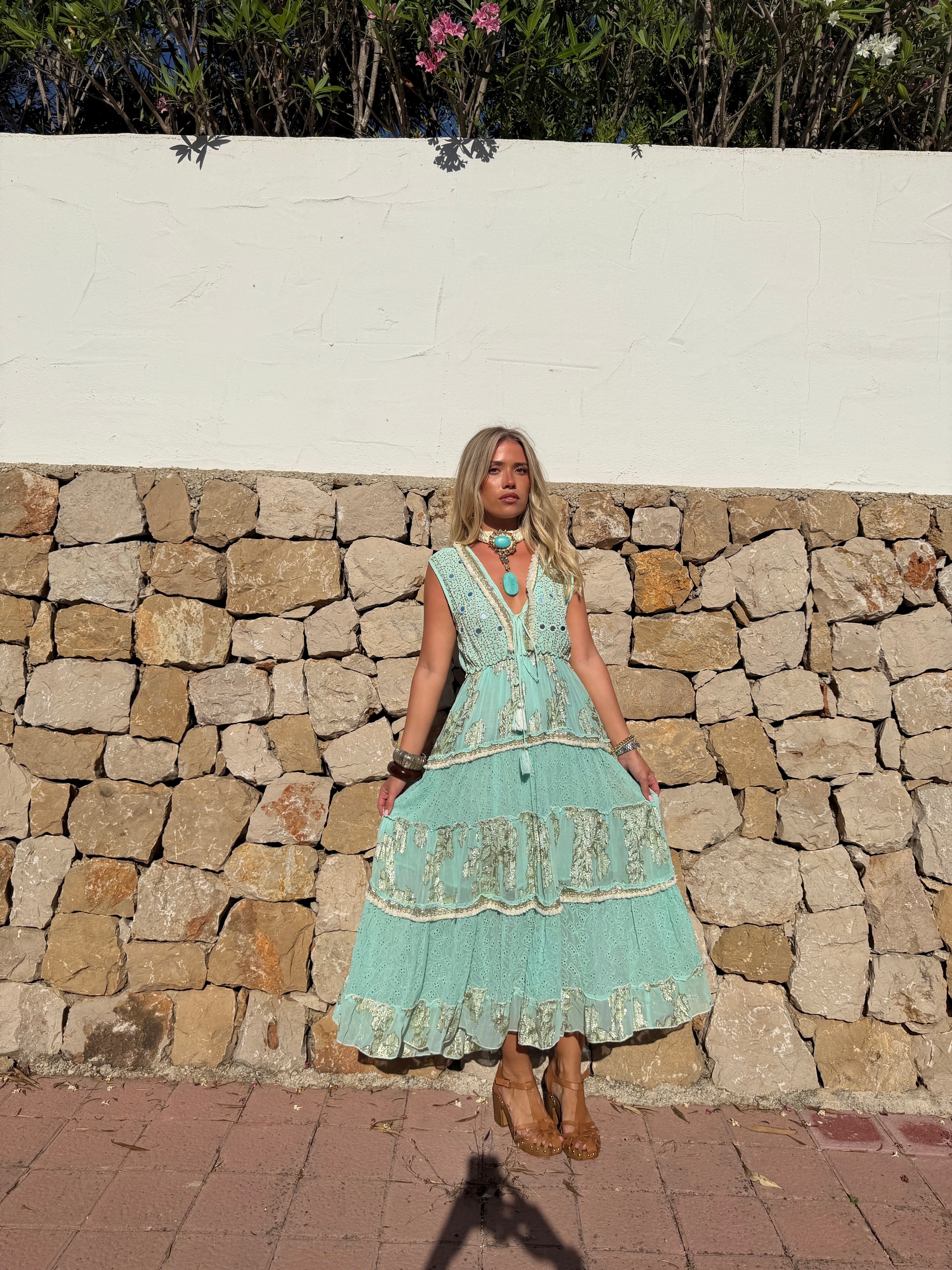 Sienna Dress - Turquoise Embellished Boho Maxi Dress
