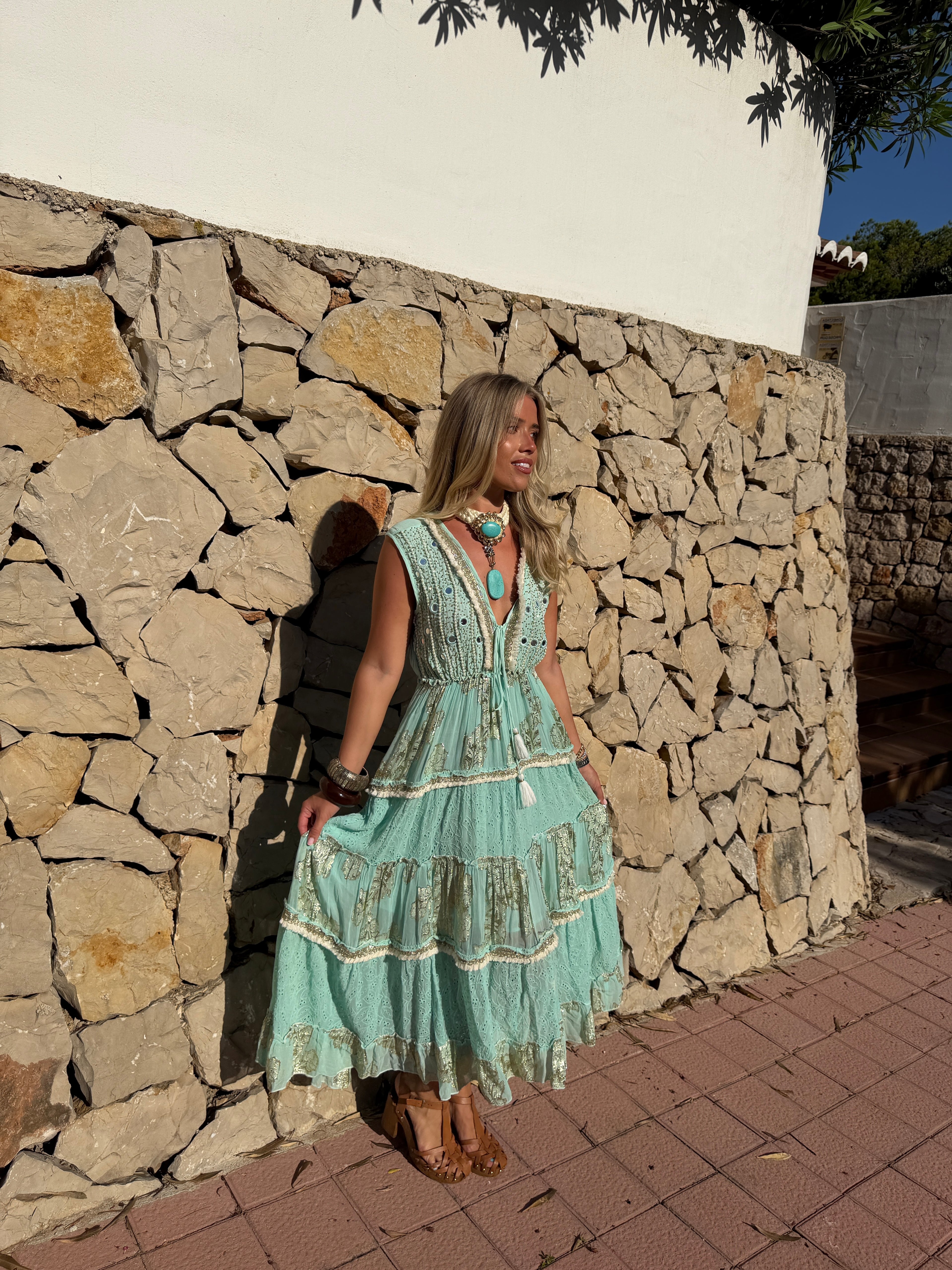 Sienna Dress - Turquoise Embellished Boho Maxi Dress