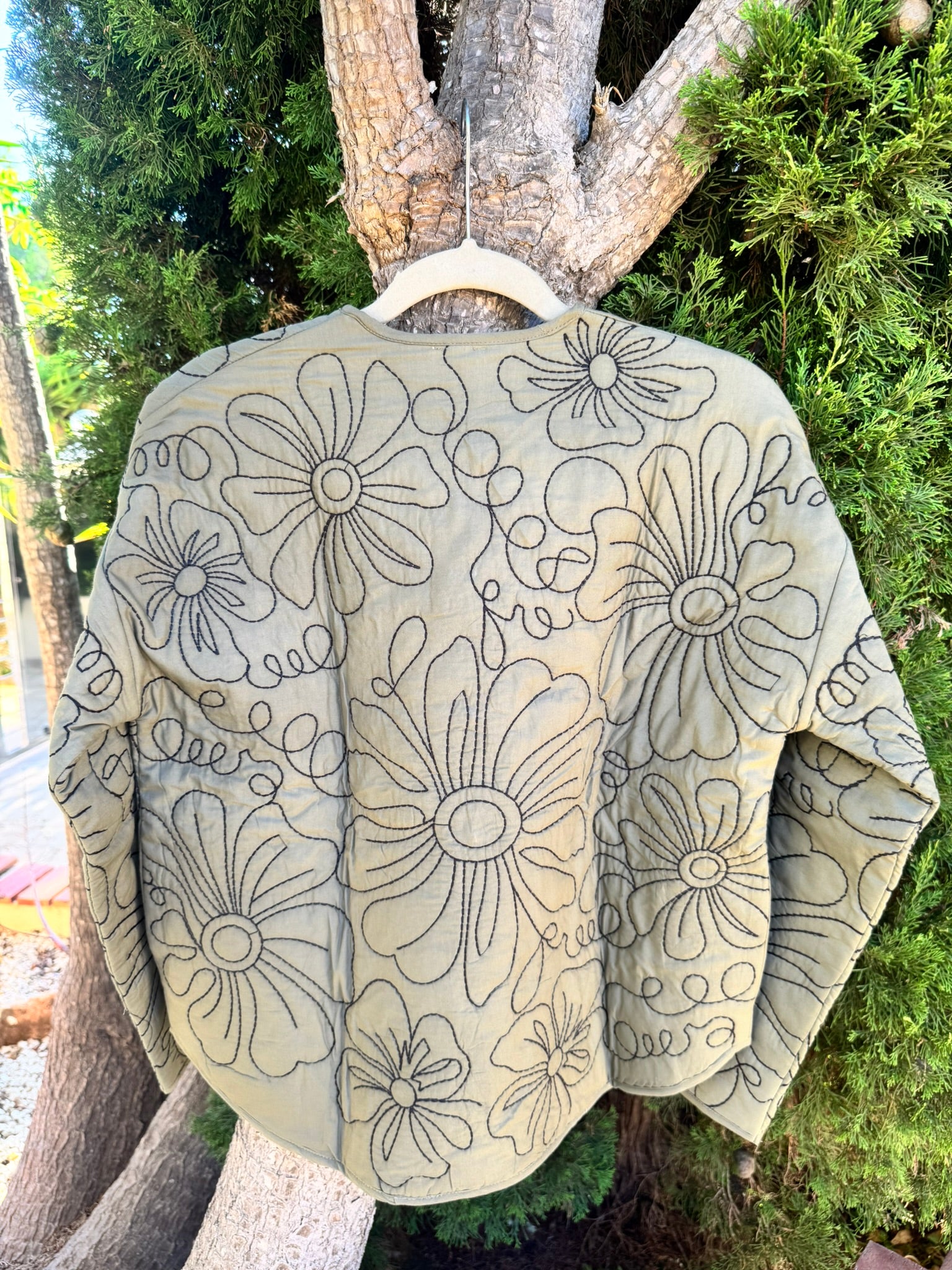 Floral Embroidery Lightweight Cotton, Open Front Quilted Jacket