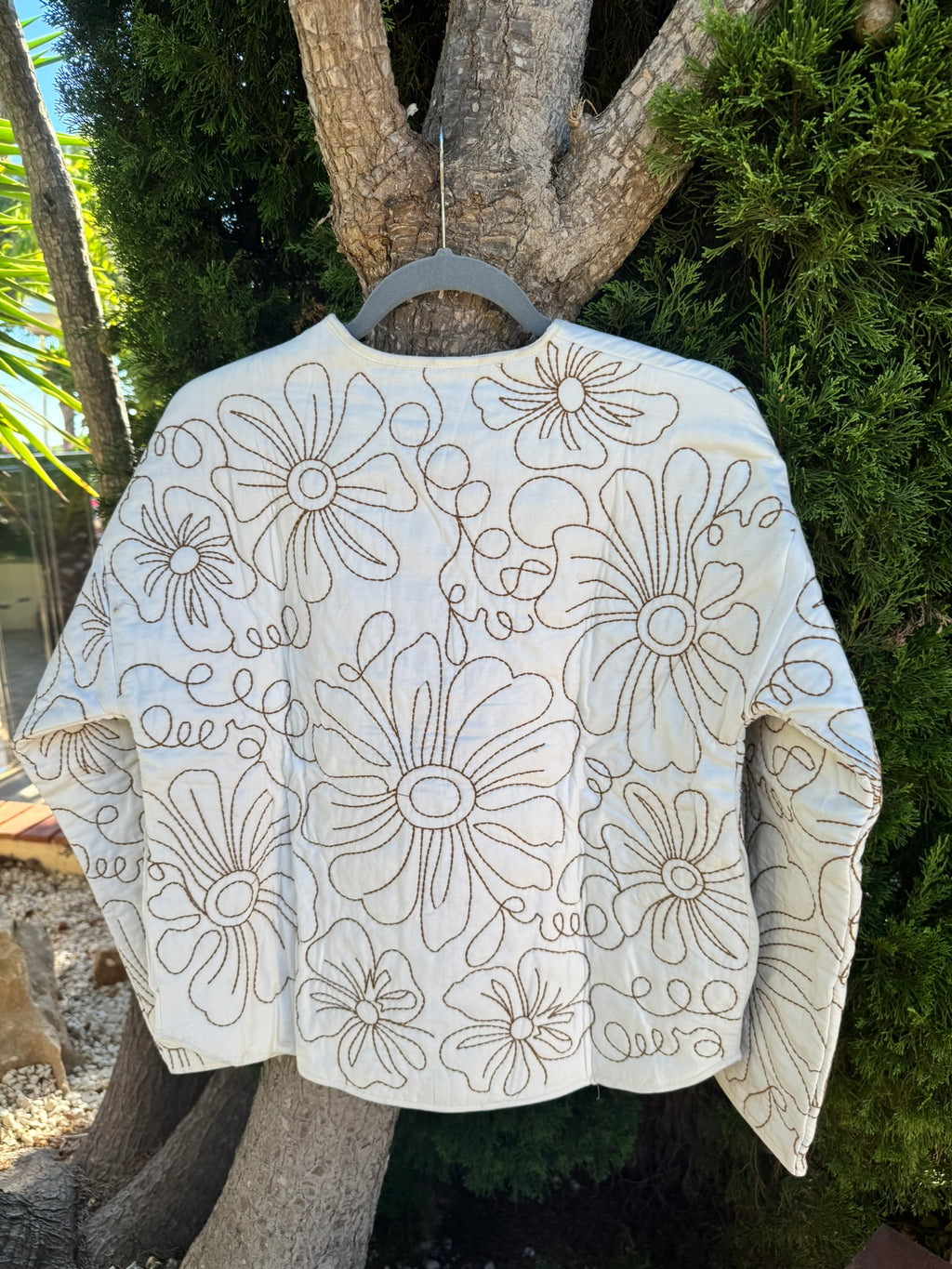 Floral Embroidery Lightweight Cotton, Open Front Quilted Jacket
