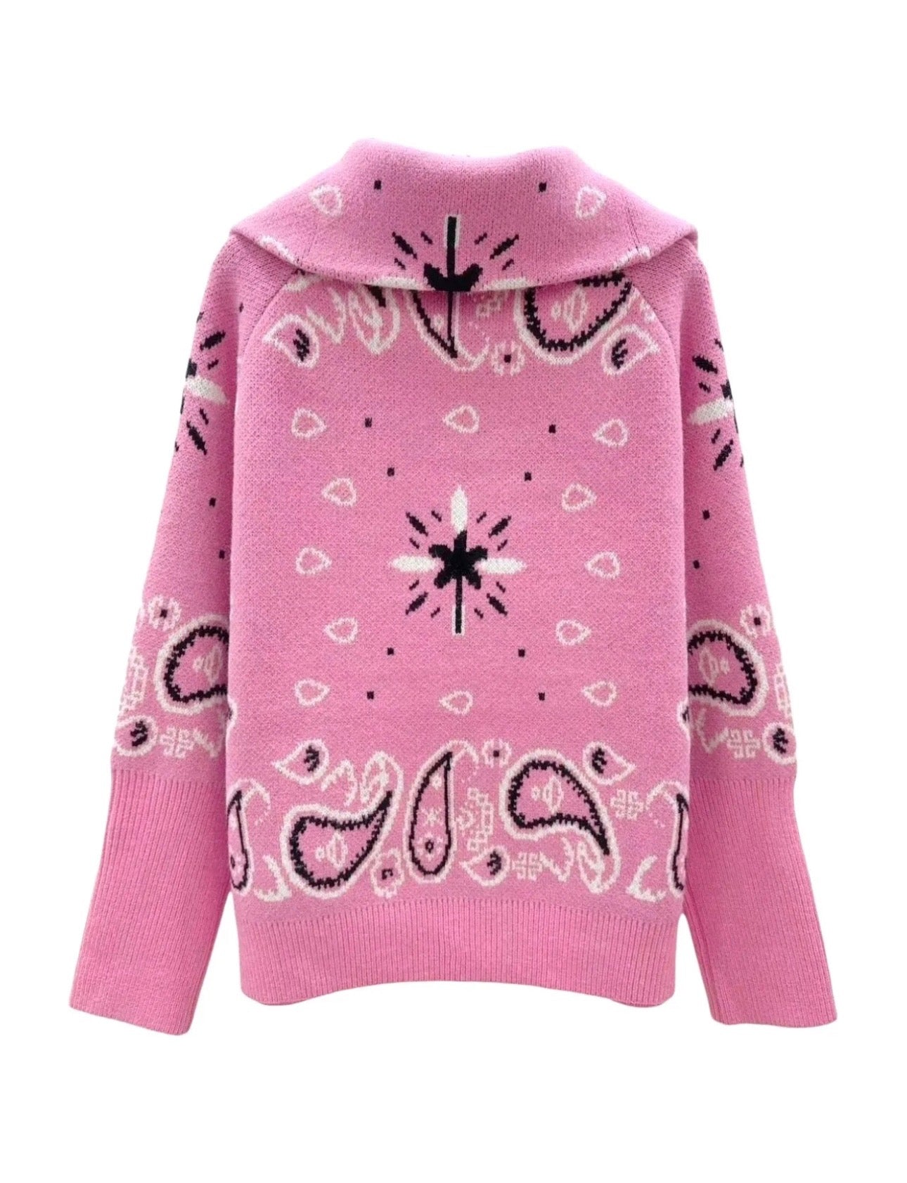 Pink Bandana Knit Zip-Up Cardigan for Women- Soft Cozy Sweater