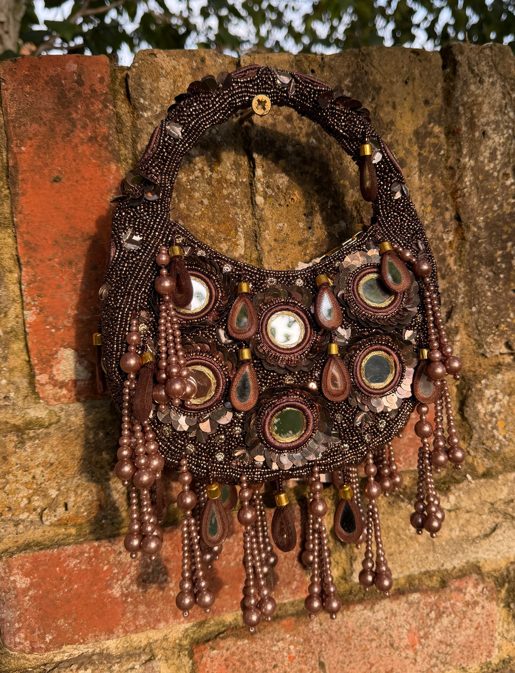 Espresso Brown Pearl Embellished Mirror Moon Bag