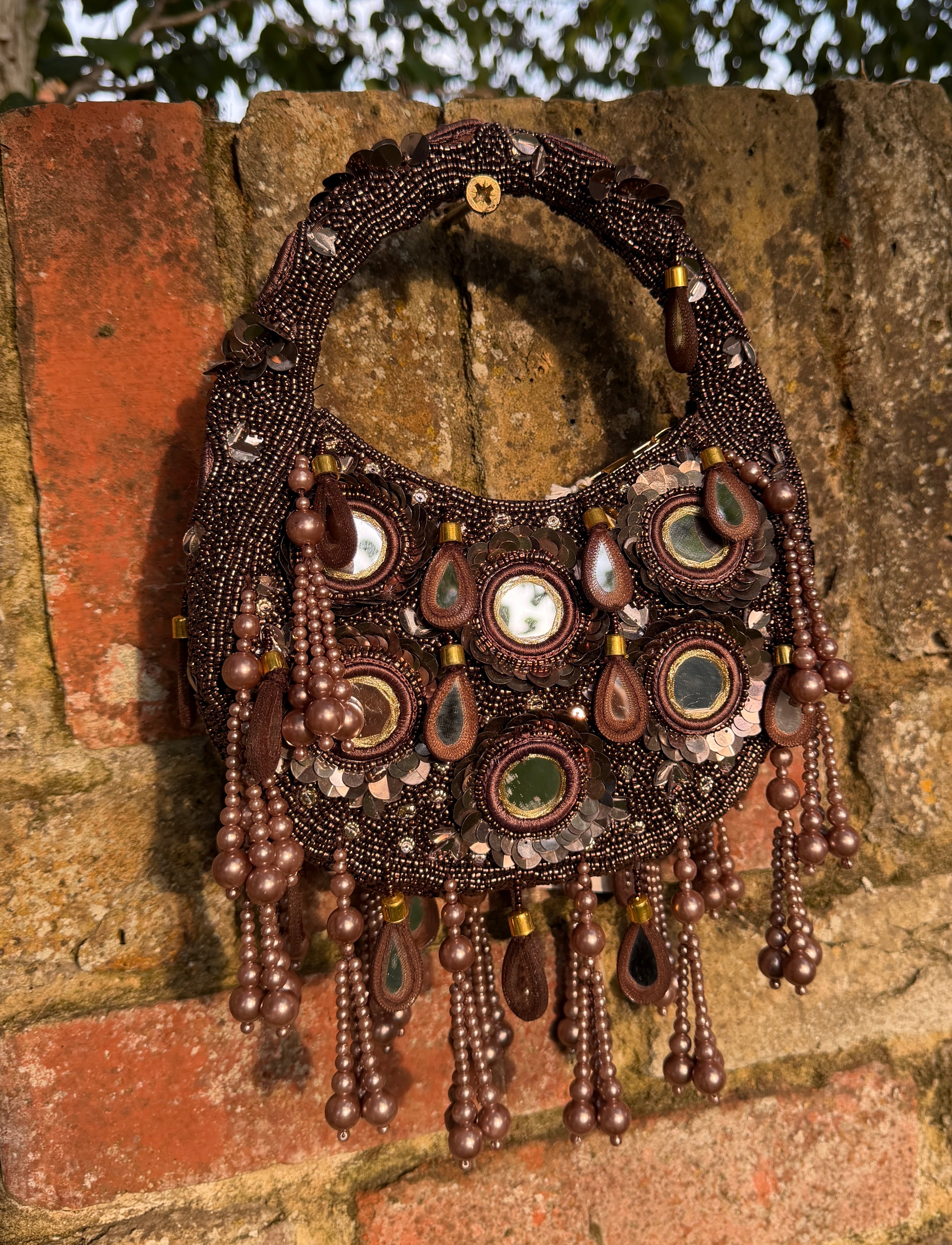 Espresso Brown Pearl Embellished Mirror Moon Bag