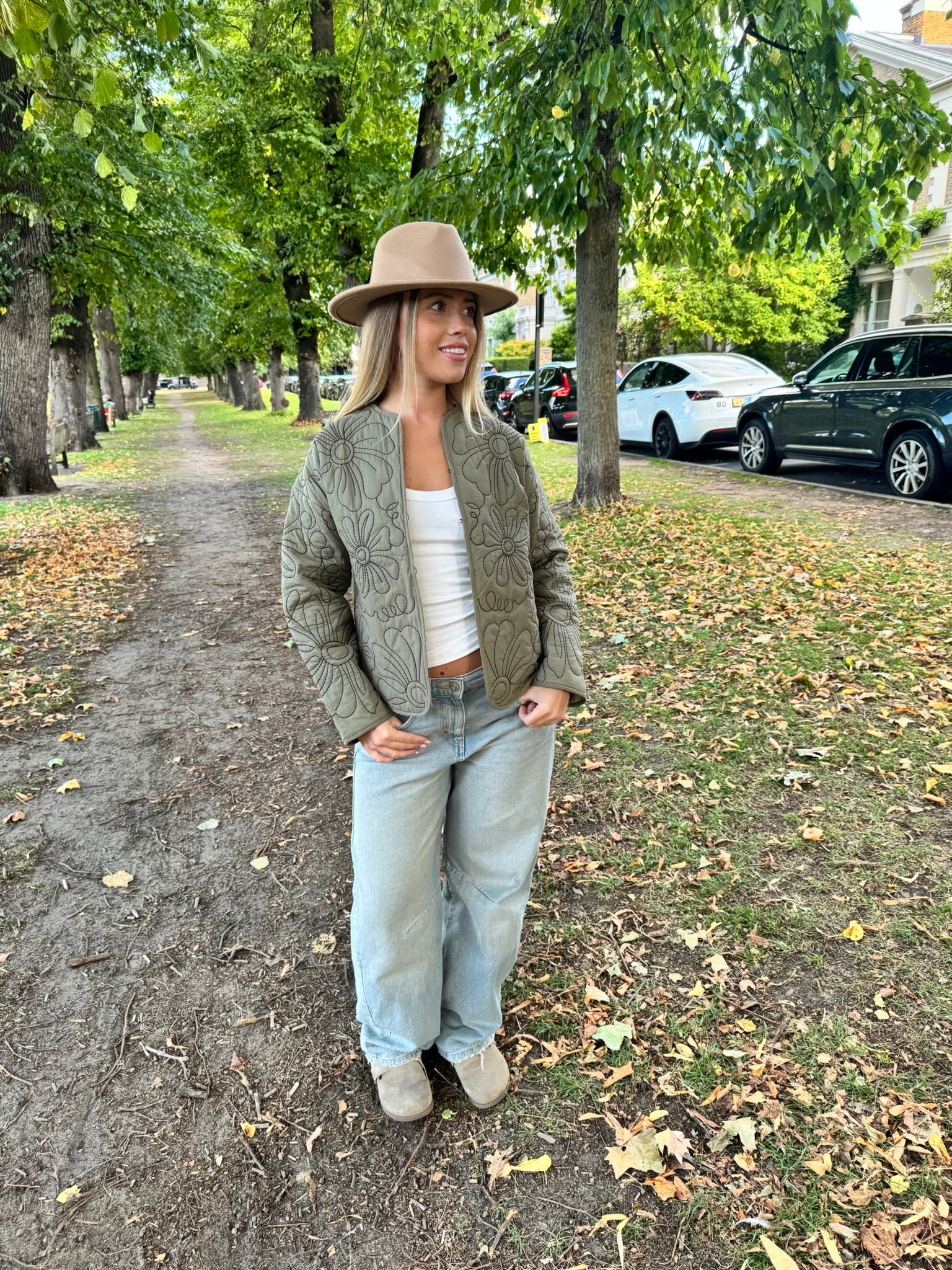 Floral Embroidery Lightweight Cotton, Open Front Quilted Jacket
