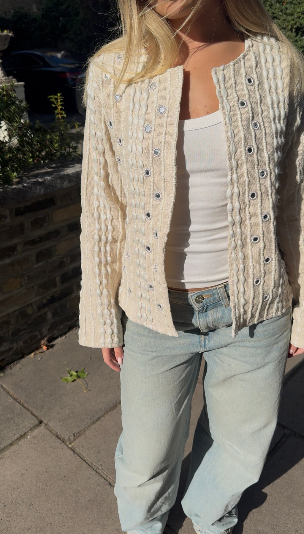 Cream Textured Knit Jacket with Grommet Details – Open Front Cotton Blend