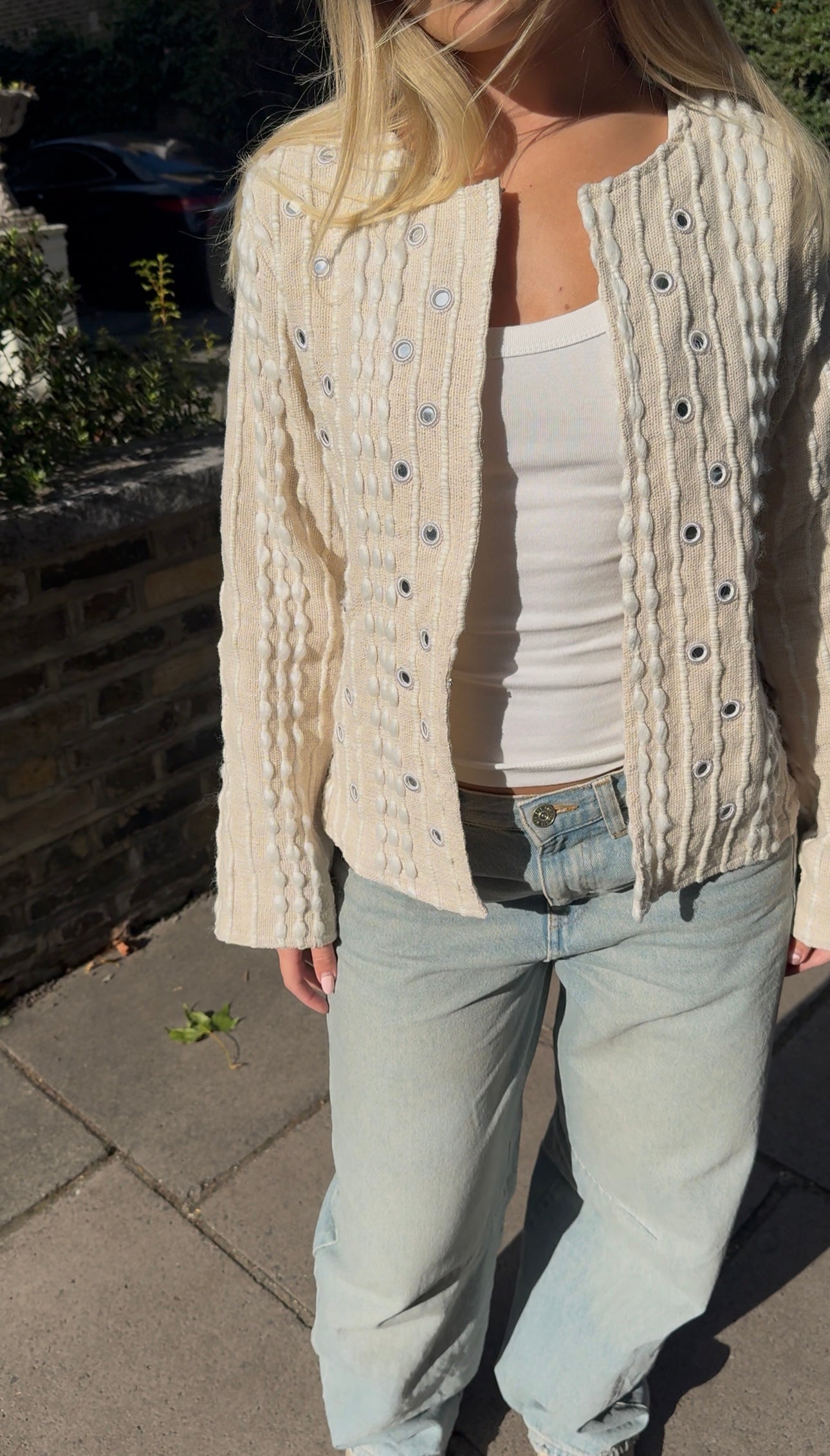 Cream Textured Knit Jacket with Grommet Details – Open Front Cotton Blend