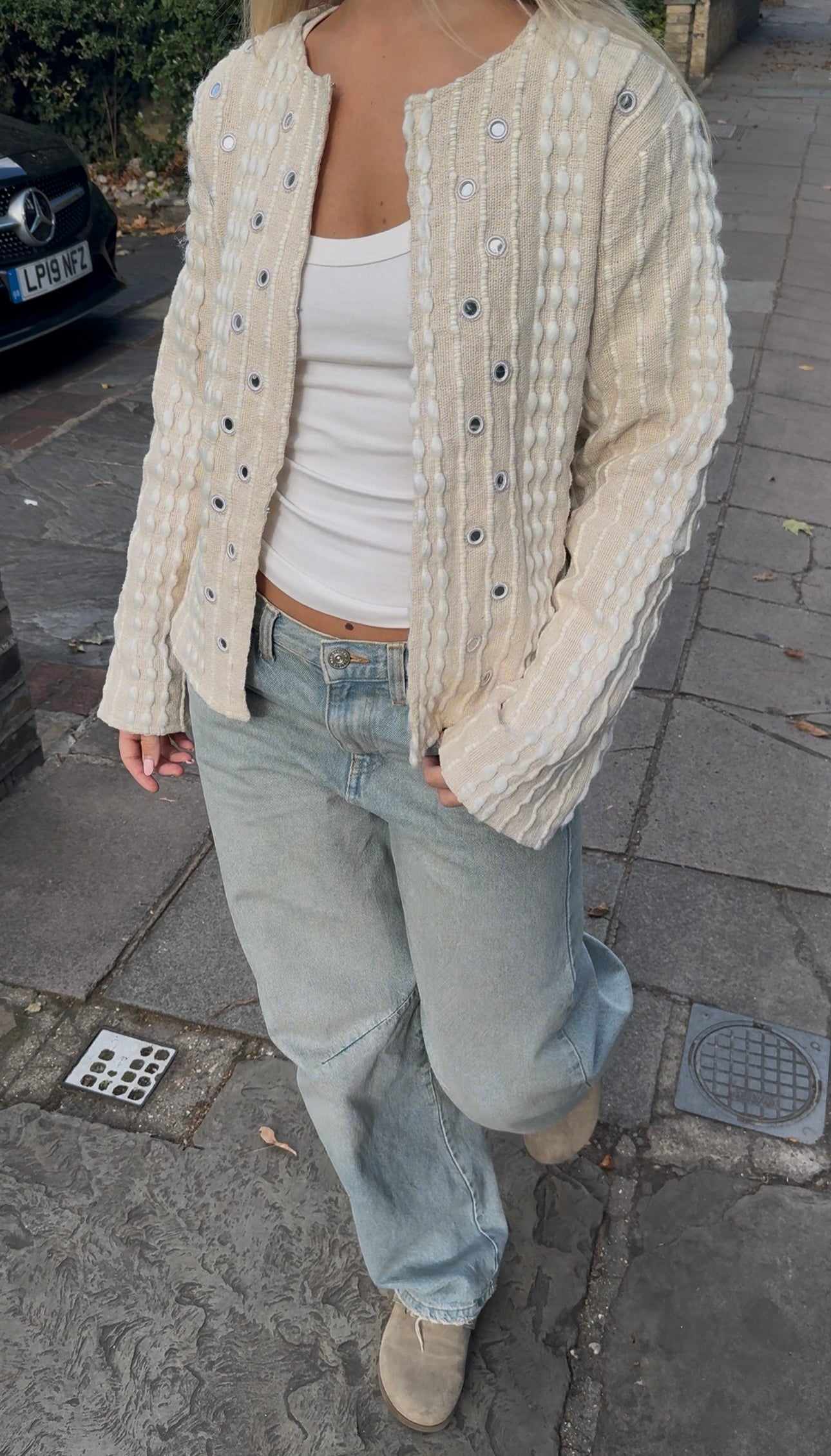 Cream Textured Knit Jacket with Grommet Details – Open Front Cotton Blend