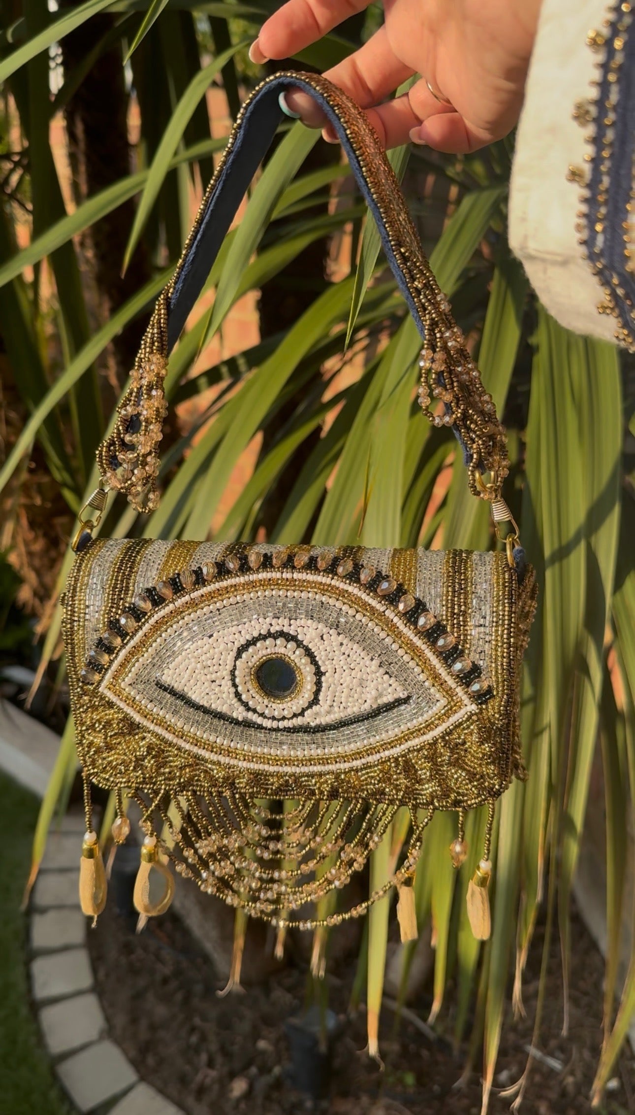 Handmade bohemian evil eye gold beads Embellished flap bag
