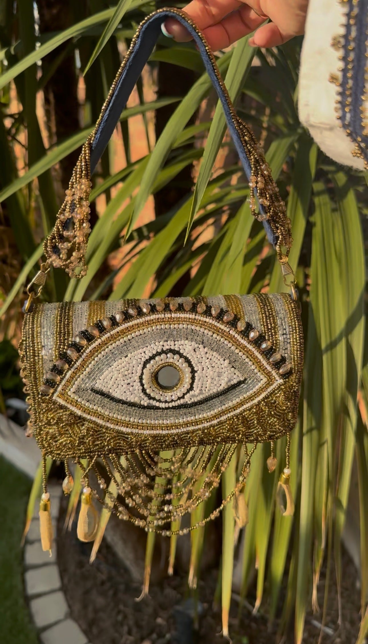 Handmade bohemian evil eye gold beads Embellished flap bag