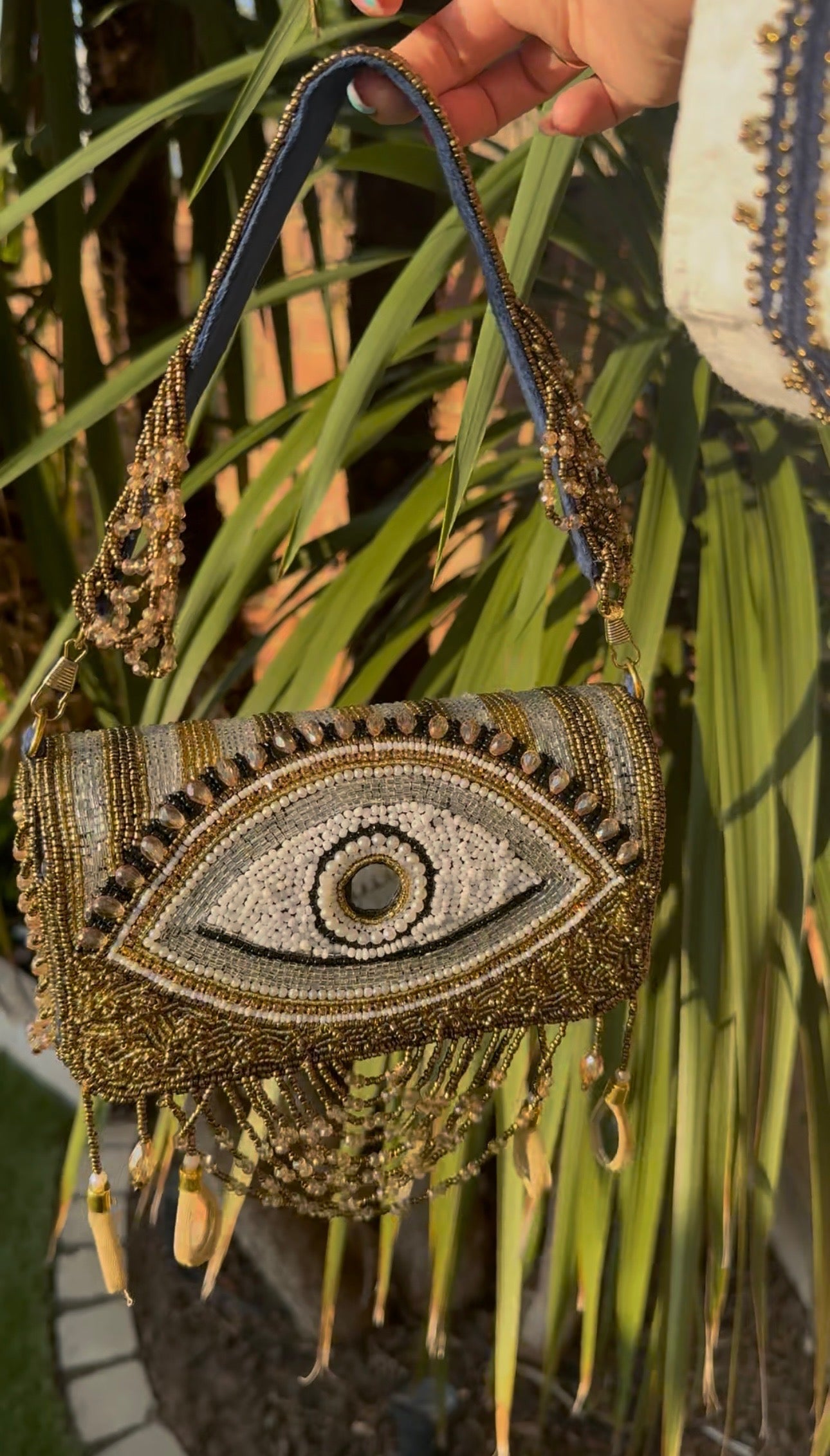 Handmade bohemian evil eye gold beads Embellished flap bag