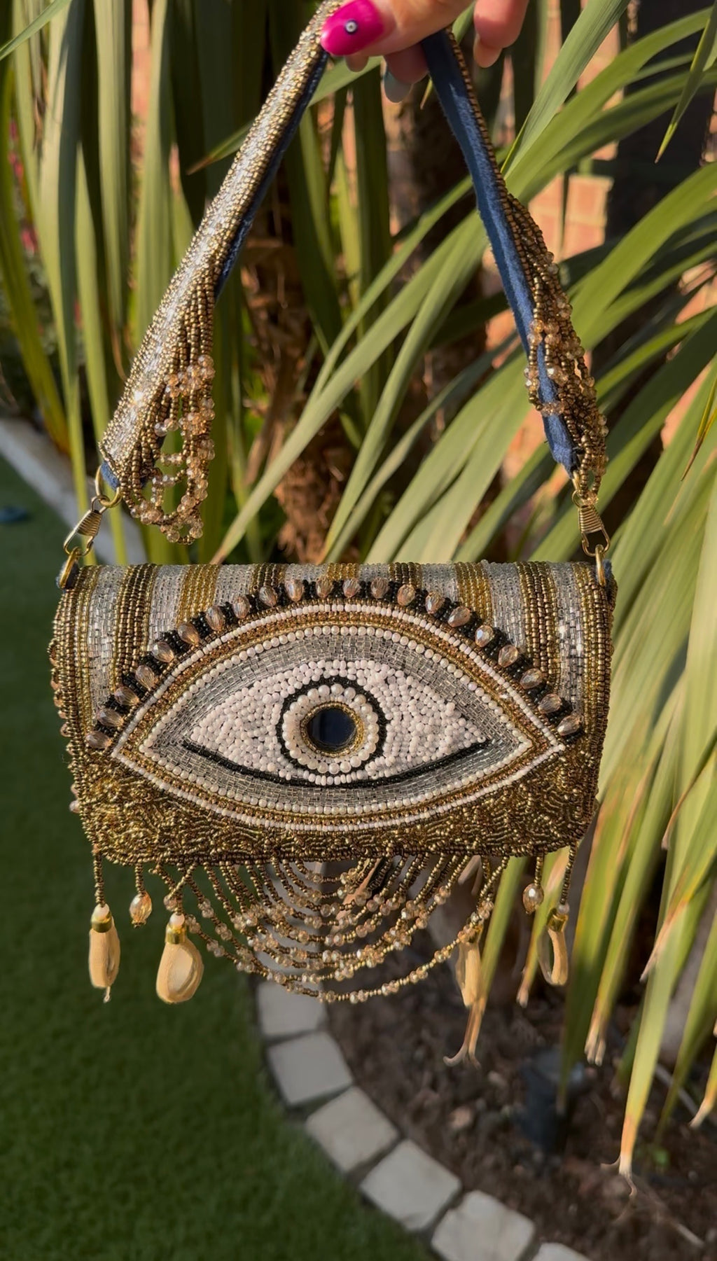 Handmade bohemian evil eye gold beads Embellished flap bag