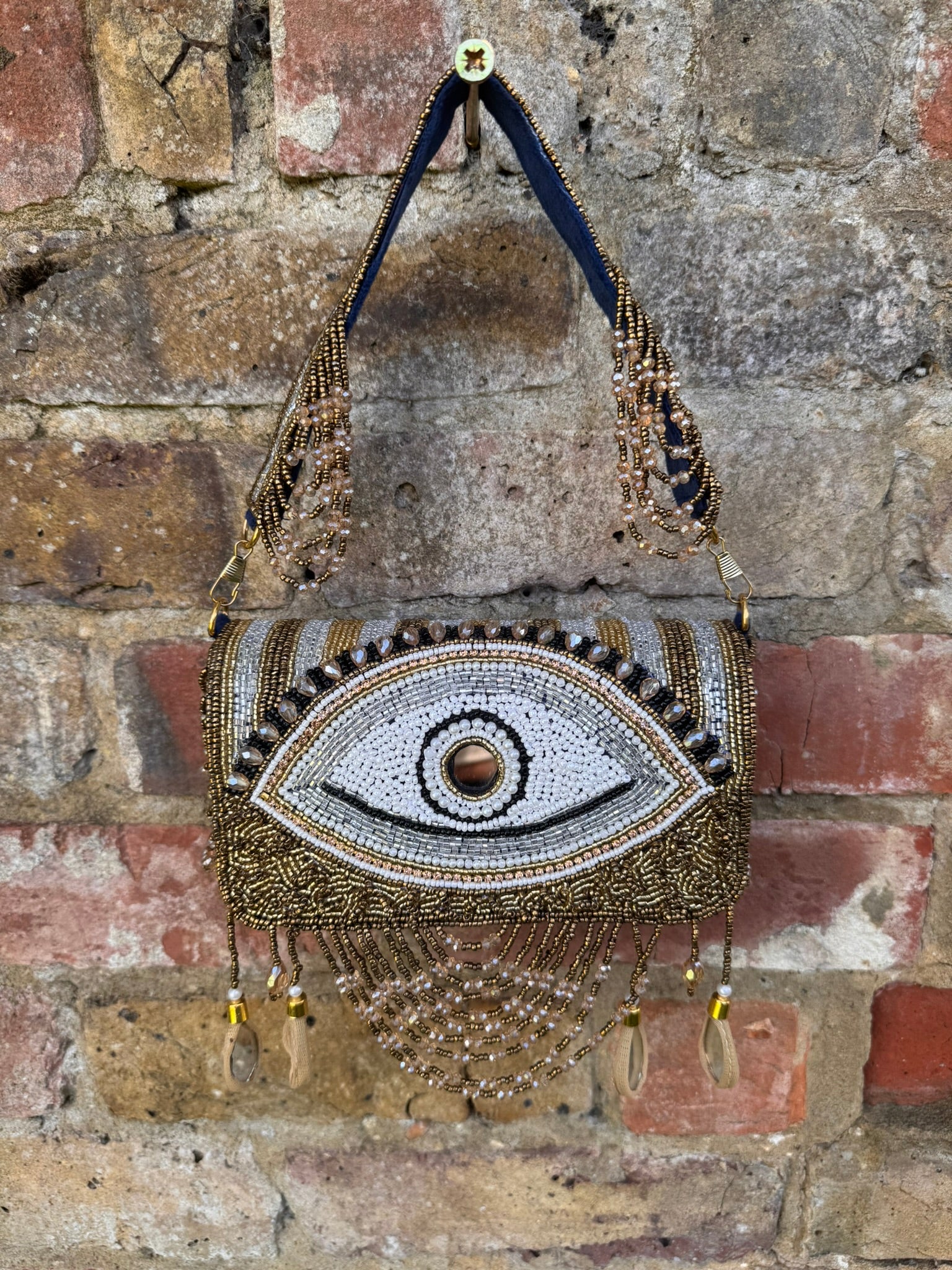 Handmade bohemian evil eye gold beads Embellished flap bag