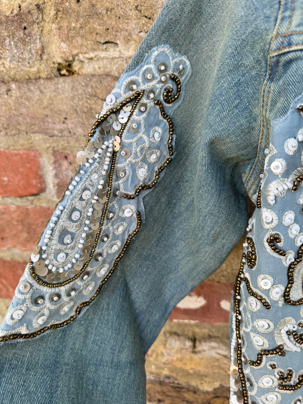 Boho Sequin Embellished button up Distressed Denim Jacket