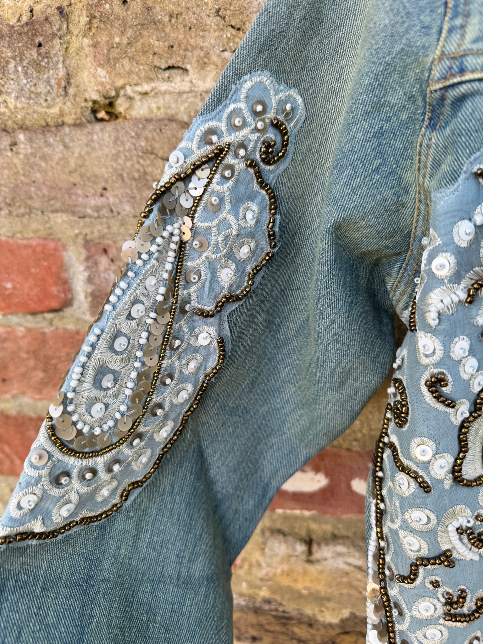 Boho Sequin Embellished button up Distressed Denim Jacket