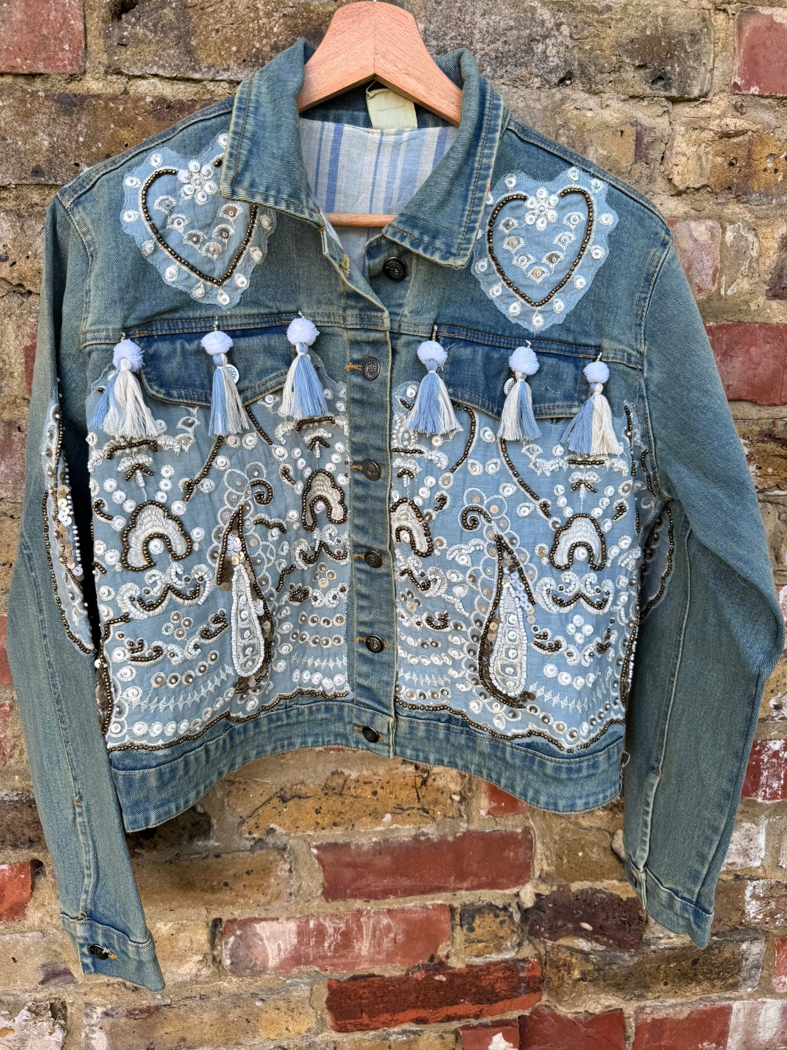 Boho Sequin Embellished button up Distressed Denim Jacket