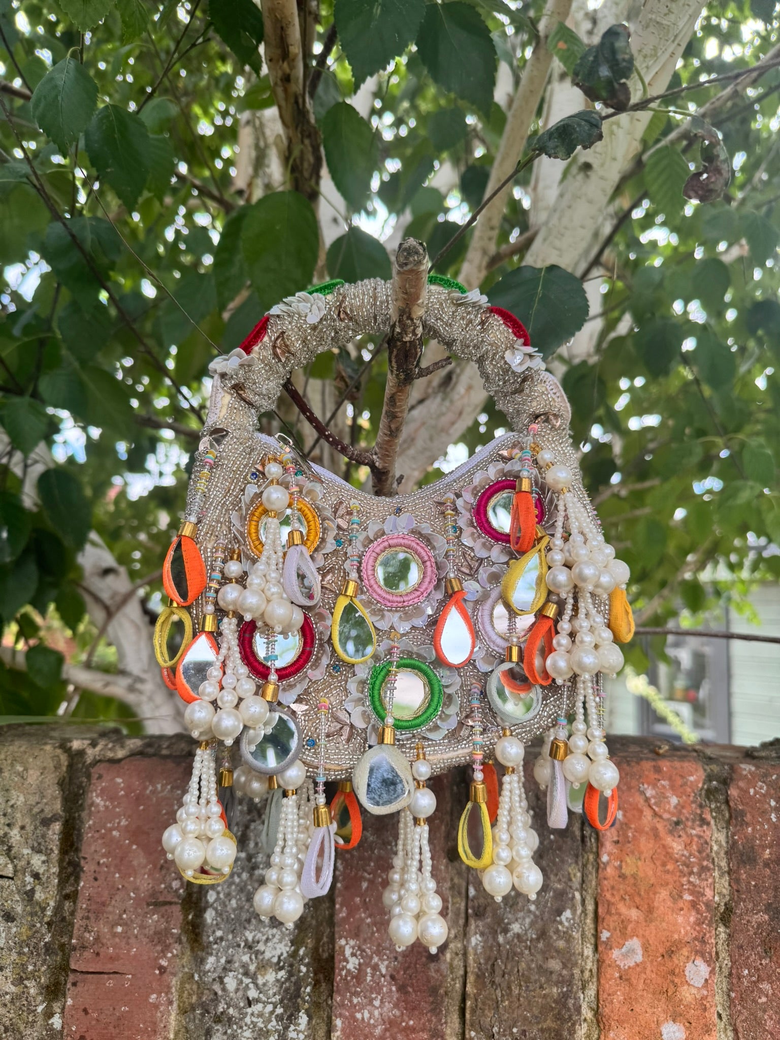 Handmade Bohemian Multi Color Beads Embellished Mirror Moon Bag