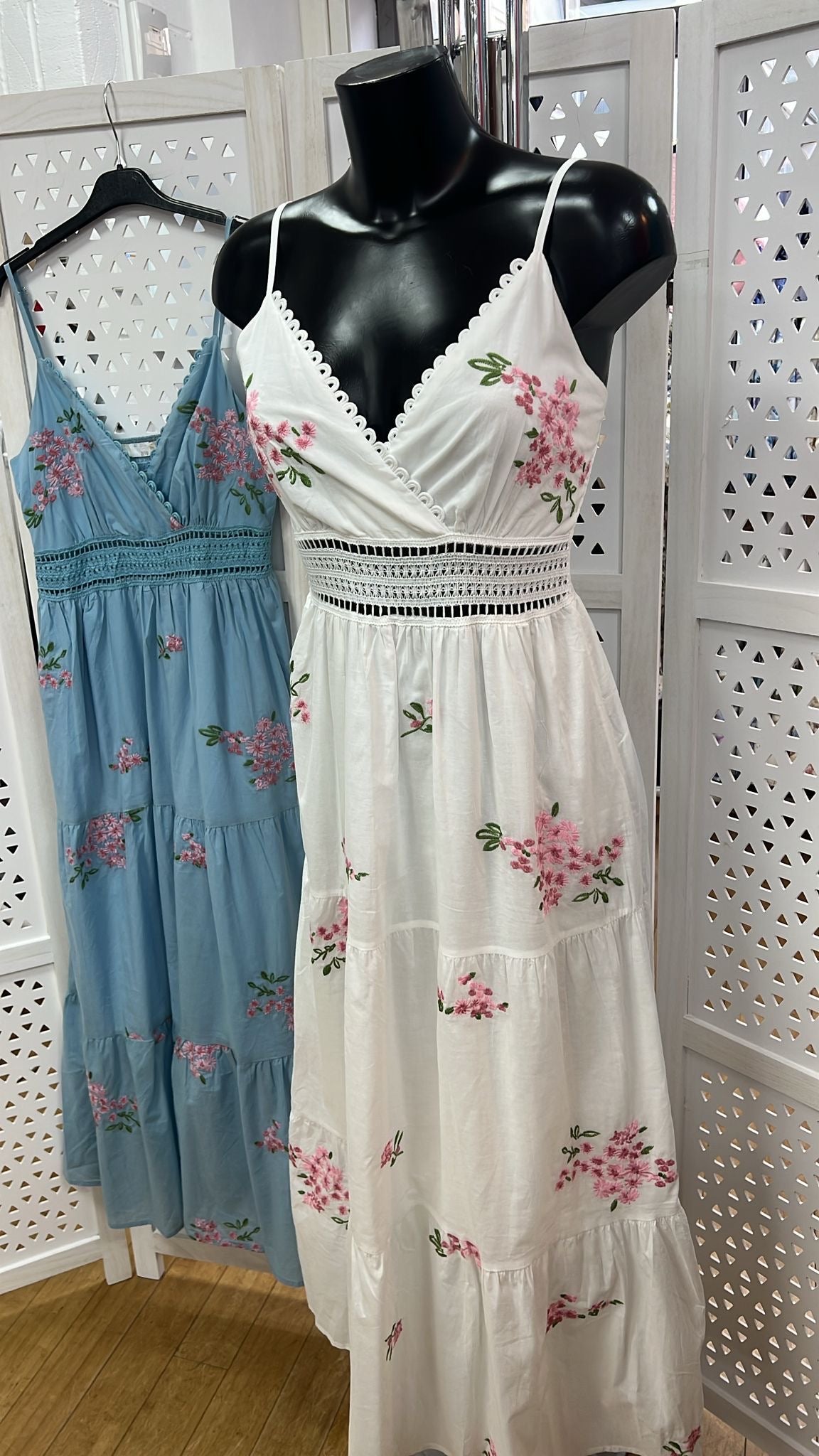 White Cotton Floral Embroidered Midi Dress – Lightweight Summer Dress for Women