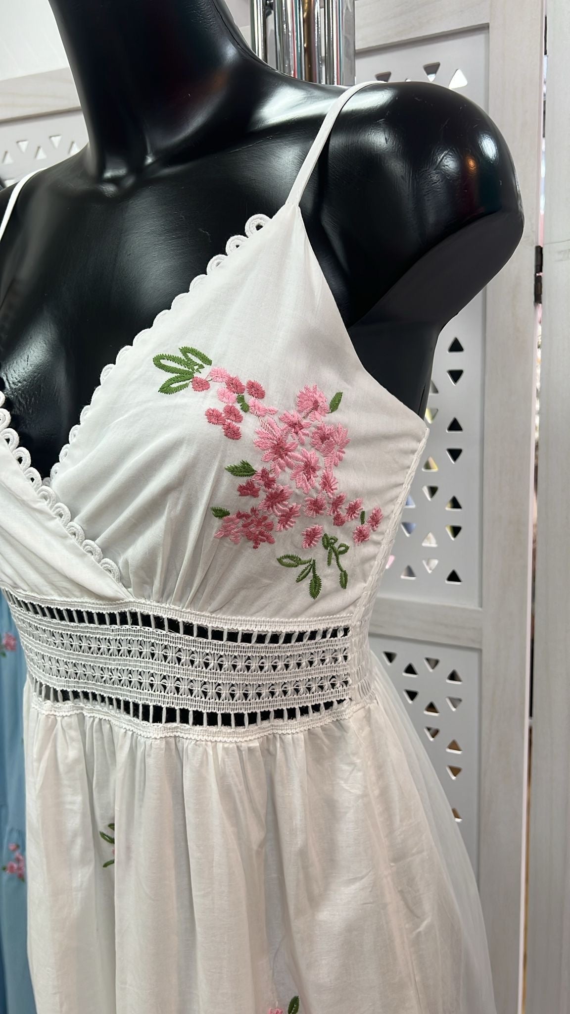 White Cotton Floral Embroidered Midi Dress – Lightweight Summer Dress for Women