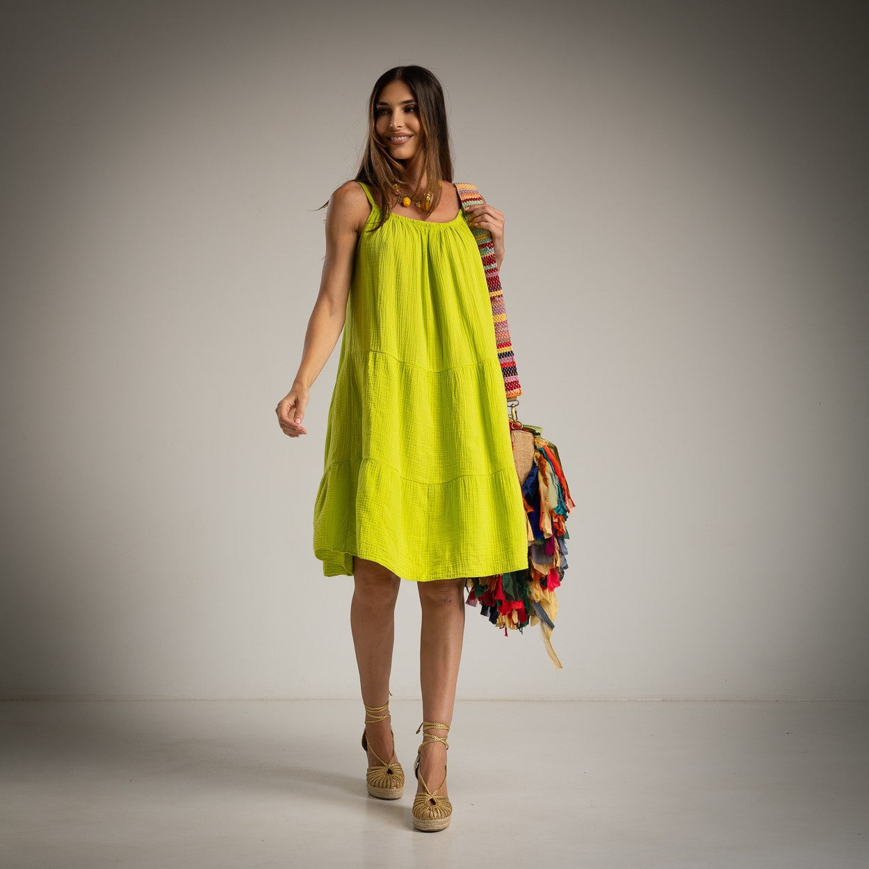 Tropical Green Cotton Midi Dress