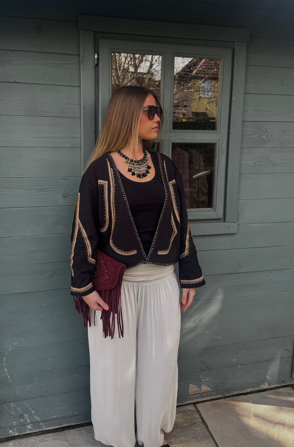 Organic Cotton Embroidered Jacket – Open Front Black Cropped Style, Hand-Stitched Beaded Trim