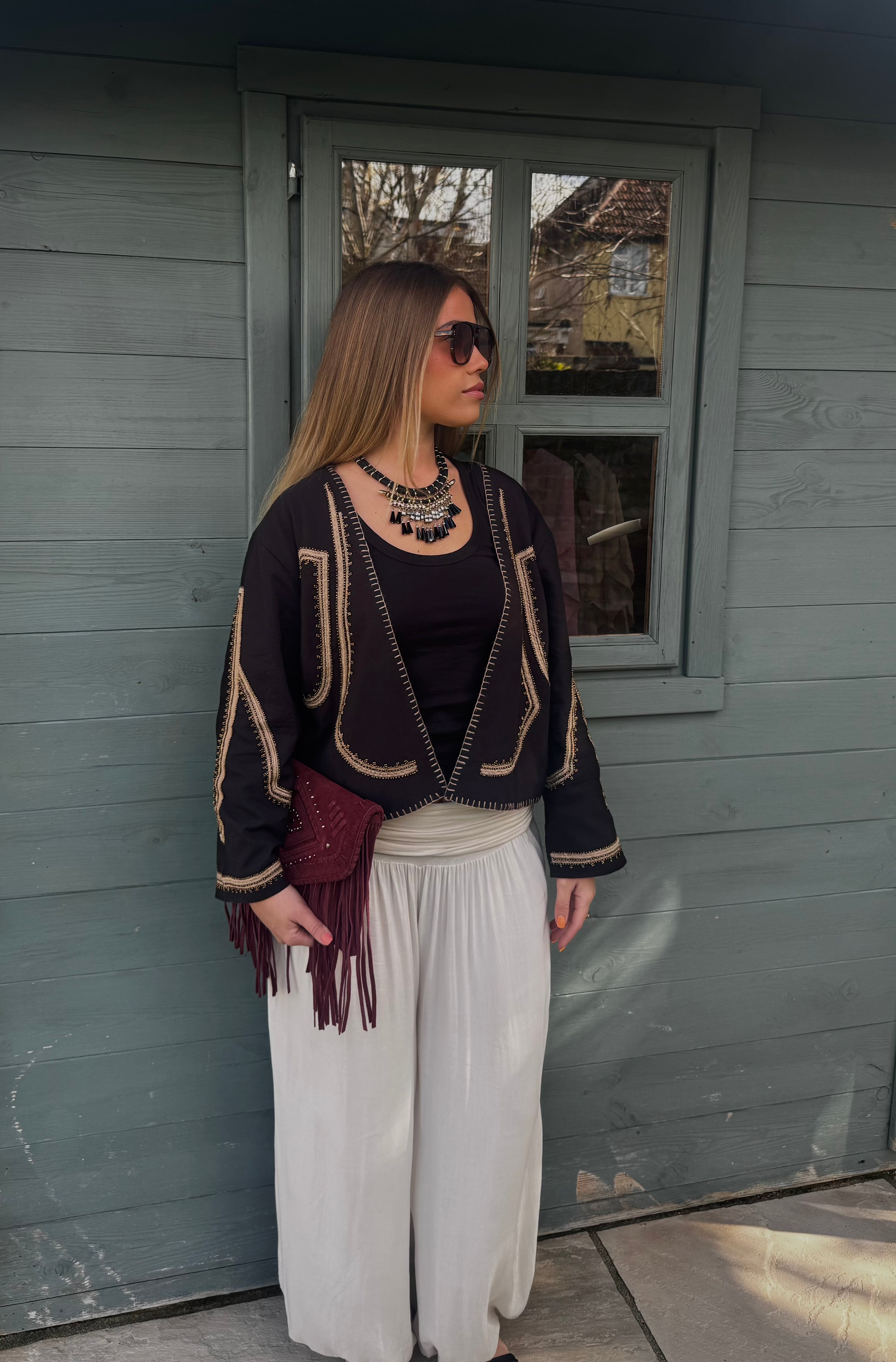 Organic Cotton Embroidered Jacket – Open Front Black Cropped Style, Hand-Stitched Beaded Trim