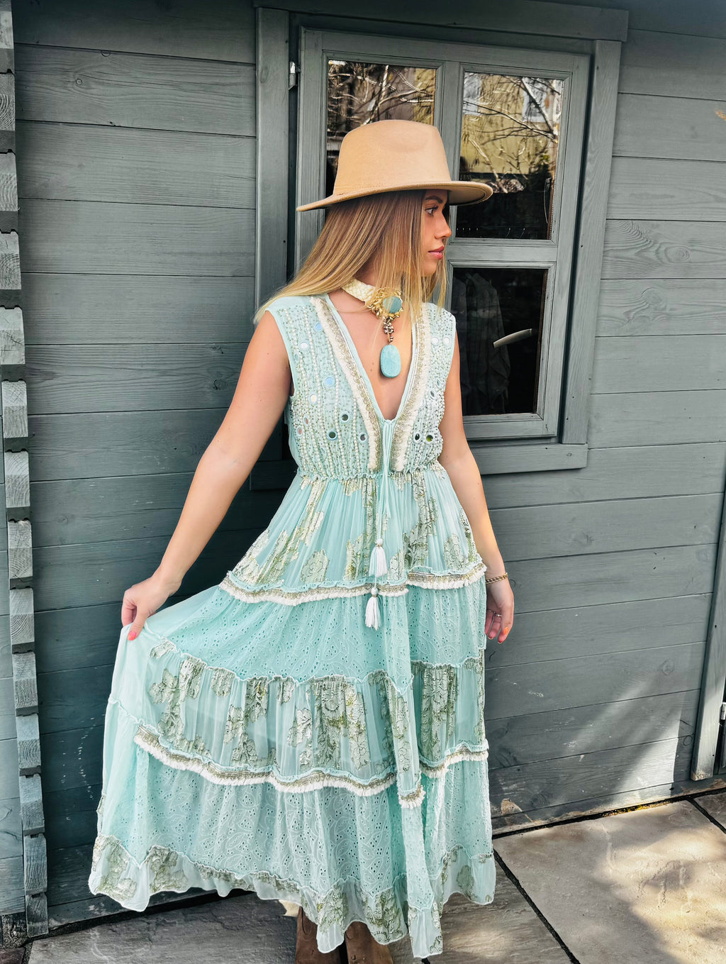 Sienna Dress - Turquoise Embellished Boho Maxi Dress