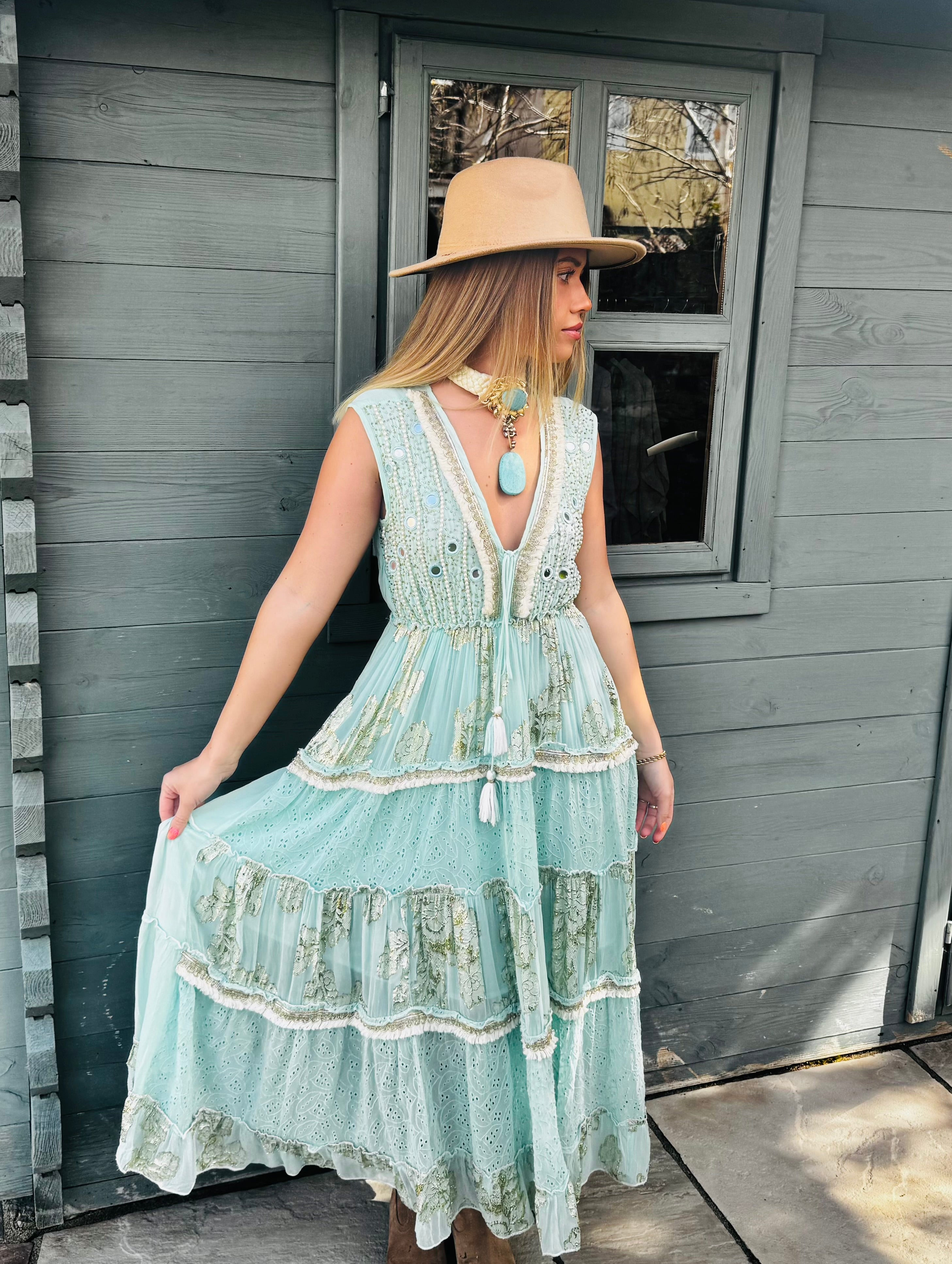 Sienna Dress - Turquoise Embellished Boho Maxi Dress