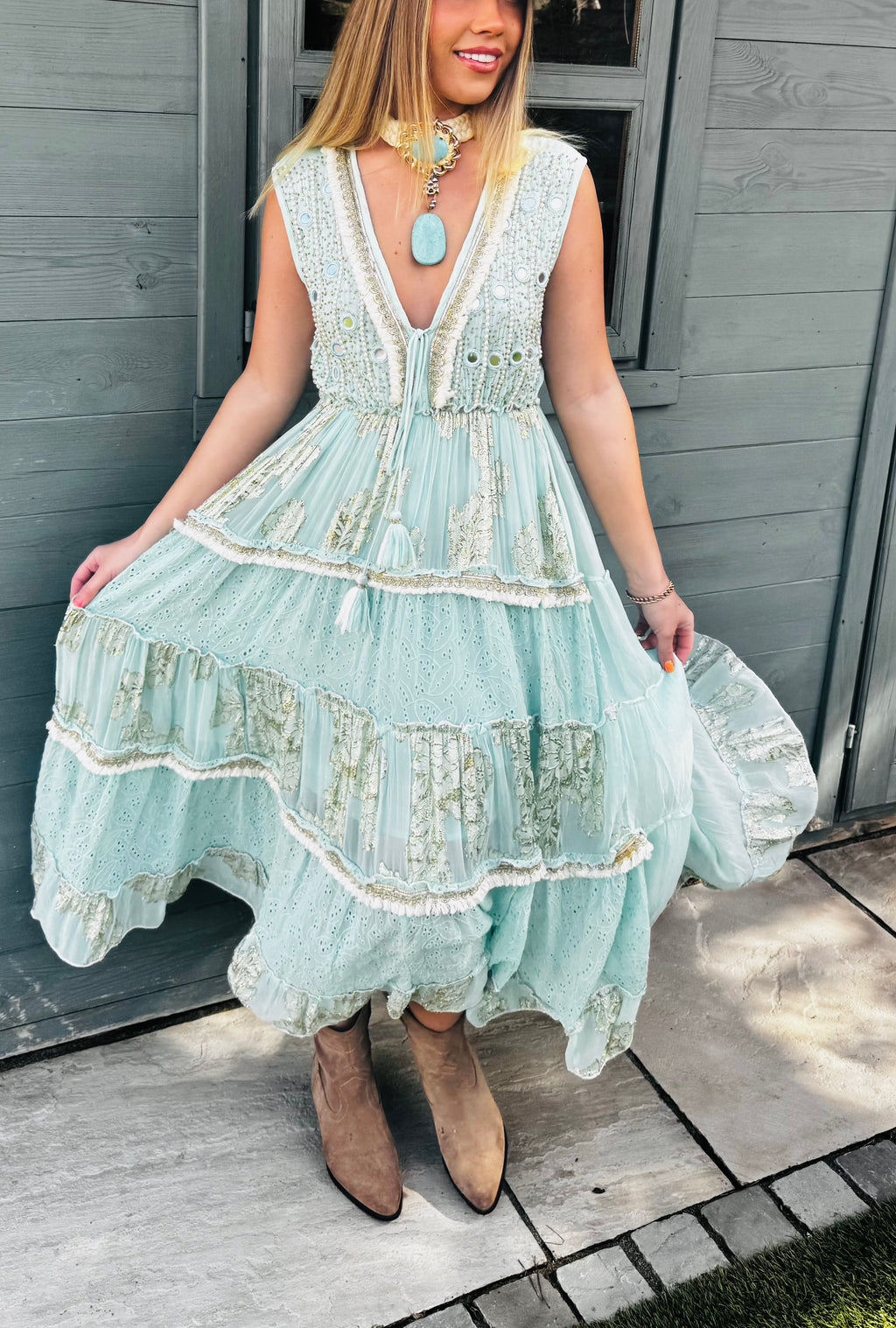 Sienna Dress - Turquoise Embellished Boho Maxi Dress