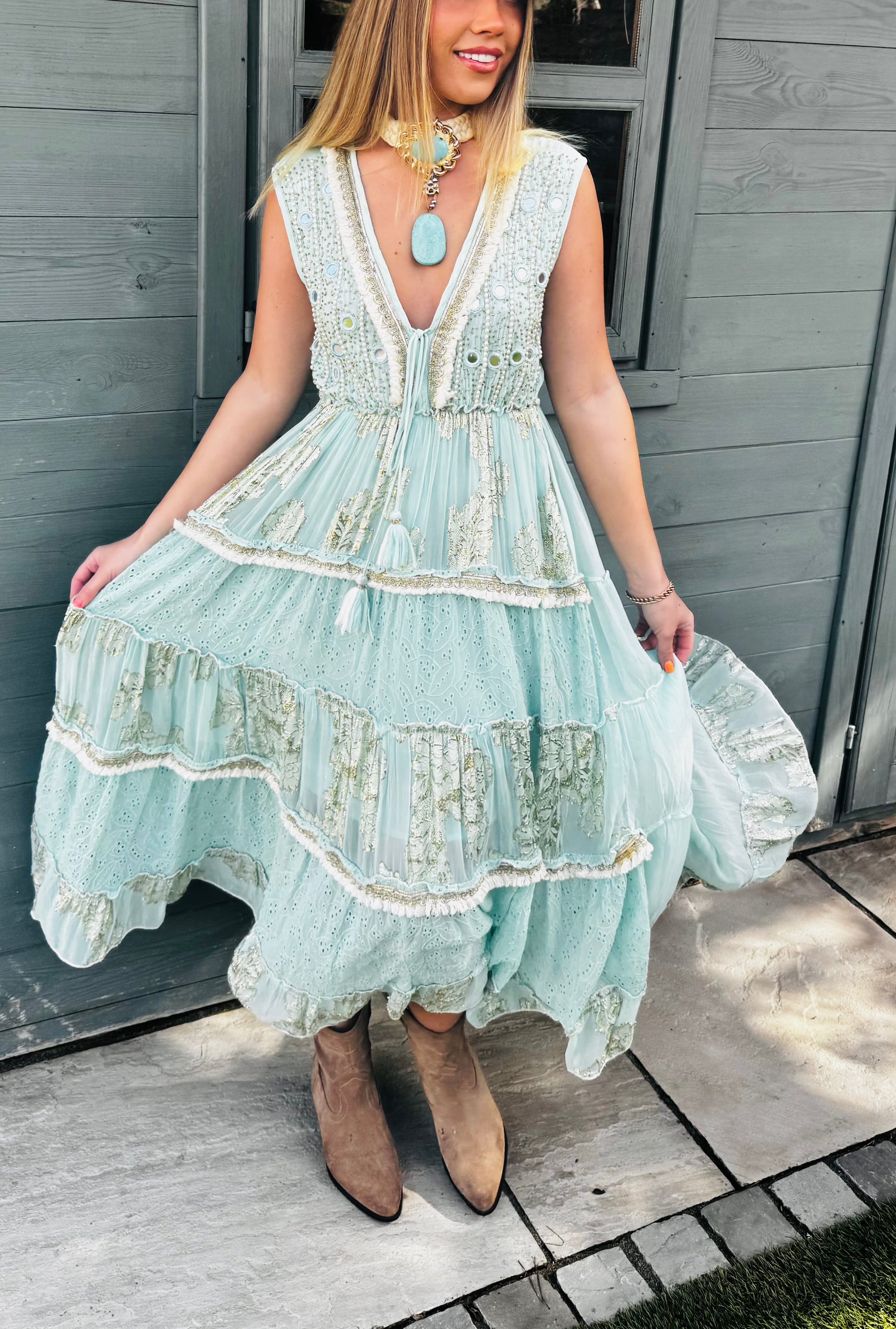 Sienna Dress - Turquoise Embellished Boho Maxi Dress