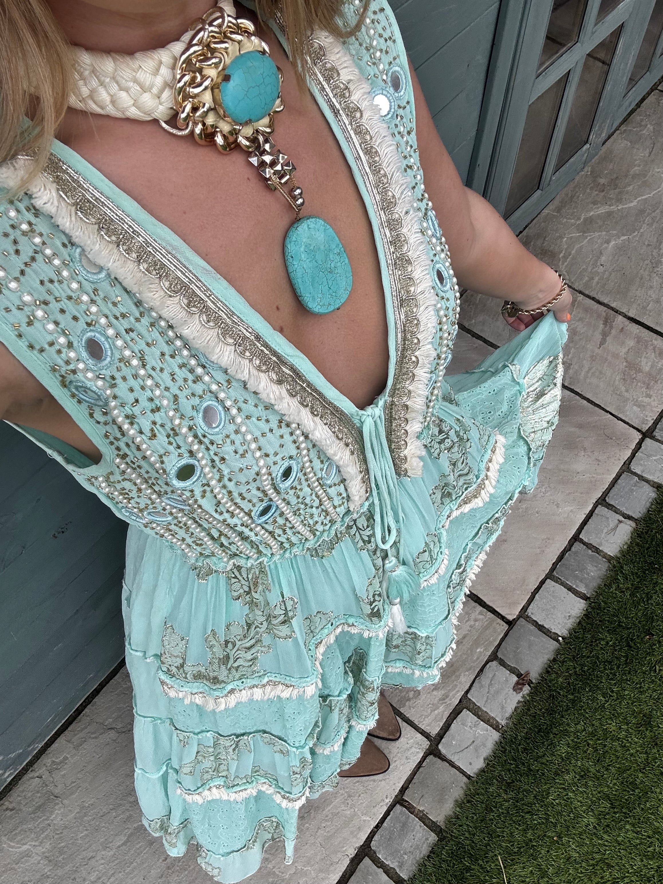 Sienna Dress - Turquoise Embellished Boho Maxi Dress